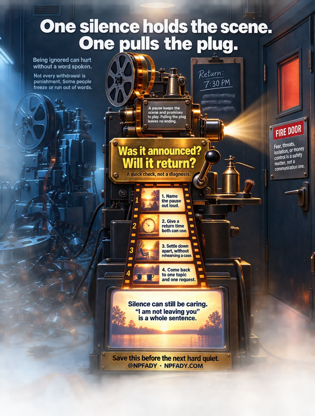 A projection booth, no people. Right: a well-kept projector runs, film loop held, pause lever worn smooth. Left: an identical machine sits cold, plug on the floor, reel spilled. A brass control plate at the centre carries two questions, 'Was it announced? Will it return?', with 'A quick check, not a diagnosis' engraved on its rail. Four film frames below carry the four promises of a pause. A riveted steel notice sets fear, threats, isolation and money control apart as a safety matter.