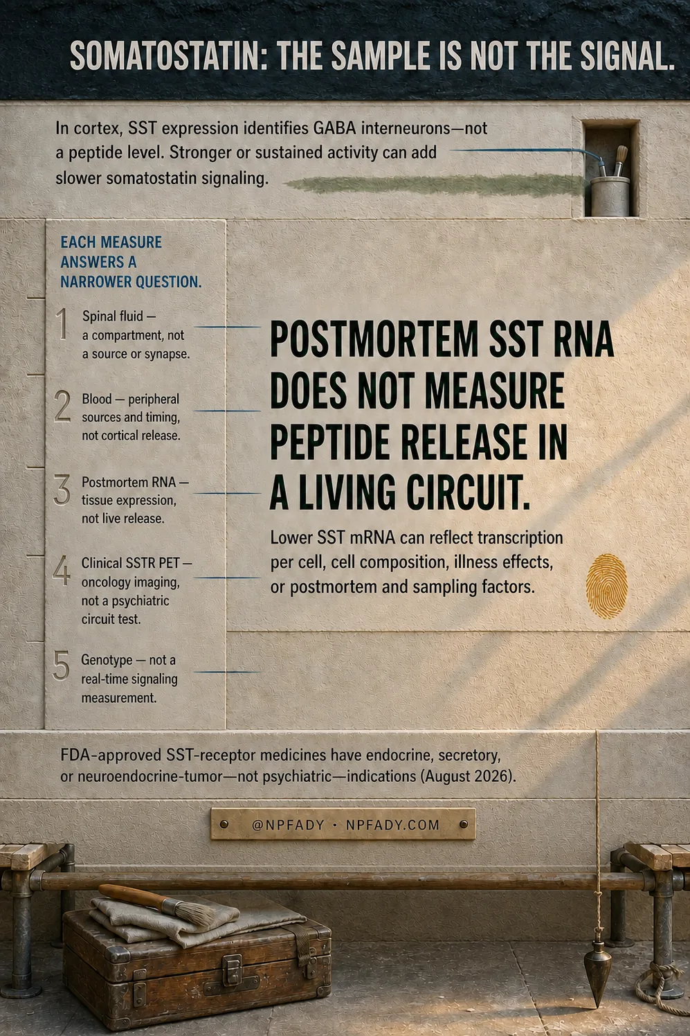 Infographic drawn as a freshly plastered wall in raking light, with a numbered list stenciled down the left side, an orange fingerprint, and a plasterer's bench with a trunk and a plumb line below. Text reads: Somatostatin: the sample is not the signal. In cortex, SST expression identifies GABA interneurons, not a peptide level. Stronger or sustained activity can add slower somatostatin signaling. Each measure answers a narrower question. One: spinal fluid, a compartment, not a source or synapse. Two: blood, peripheral sources and timing, not cortical release. Three: postmortem RNA, tissue expression, not live release. Four: clinical SSTR PET, oncology imaging, not a psychiatric circuit test. Five: genotype, not a real-time signaling measurement. Large text reads: Postmortem SST RNA does not measure peptide release in a living circuit. Lower SST mRNA can reflect transcription per cell, cell composition, illness effects, or postmortem and sampling factors. A strip reads: FDA-approved SST-receptor medicines have endocrine, secretory, or neuroendocrine-tumor, not psychiatric, indications, August 2026. The base reads: at NPFADY, NPFADY.com.