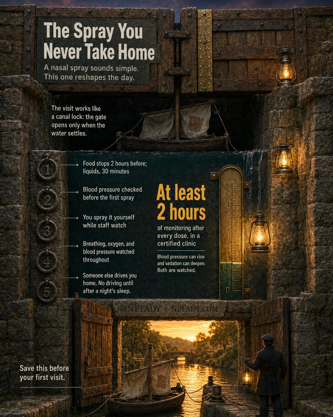 Infographic titled The Spray You Never Take Home, staged inside a stone canal lock at dusk, lit by hanging lanterns, with a small sailing boat waiting between the closed upper gate and the open lower gate. A carved sign at the top reads: a nasal spray sounds simple. This one reshapes the day. A line beside the upper gate reads: the visit works like a canal lock, the gate opens only when the water settles. Five numbered iron rings run down the lock wall beside five rules. One, food stops 2 hours before; liquids, 30 minutes. Two, blood pressure checked before the first spray. Three, you spray it yourself while staff watch. Four, breathing, oxygen, and blood pressure watched throughout. Five, someone else drives you home, no driving until after a night's sleep. To the right, a brass gauge on the lock wall reads in large letters, at least 2 hours, of monitoring after every dose, in a certified clinic, with a smaller line below reading, blood pressure can rise and sedation can deepen, both are watched. Through the open lower gate a golden sunset lights the canal ahead, where a lock keeper stands with a lantern. At the base, save this before your first visit, and NPFADY.com, at NPFADY.