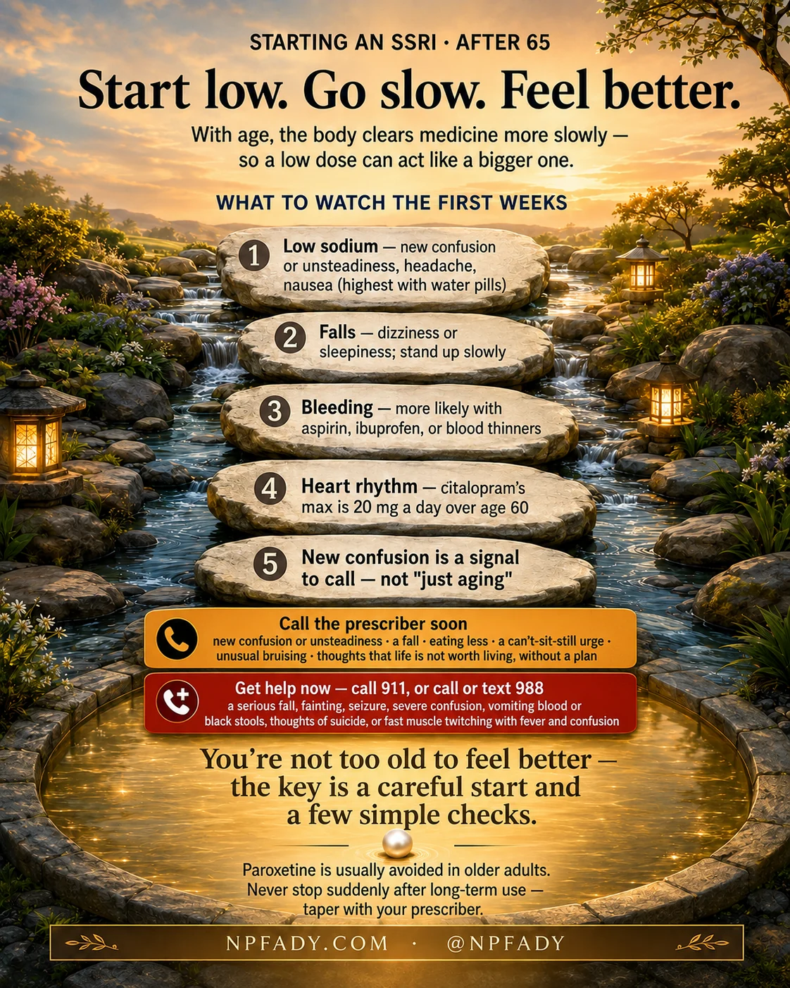 Infographic titled Start low. Go slow. Feel better., subtitled Starting an SSRI, after 65. Broad stepping stones cross a shallow stream at golden hour, leading down to a still golden pool with a single pearl at its center. Opening text says that with age the body clears medicine more slowly, so a low dose can act like a bigger one. A section called What to Watch the First Weeks numbers five stones. One, low sodium: new confusion or unsteadiness, headache, nausea, highest with water pills. Two, falls: dizziness or sleepiness, so stand up slowly. Three, bleeding: more likely with aspirin, ibuprofen, or blood thinners. Four, heart rhythm: citalopram's maximum is 20 milligrams a day over age 60. Five, new confusion is a signal to call, not just aging. Below the stones, an amber banner reads: call the prescriber soon for new confusion or unsteadiness, a fall, eating less, a can't-sit-still urge, unusual bruising, or thoughts that life is not worth living, without a plan. A red banner reads: get help now, call 911, or call or text 988, for a serious fall, fainting, seizure, severe confusion, vomiting blood or black stools, thoughts of suicide, or fast muscle twitching with fever and confusion. Text over the pool reads: you are not too old to feel better, the key is a careful start and a few simple checks. A closing note says paroxetine is usually avoided in older adults, and never stop suddenly after long-term use, taper with your prescriber.