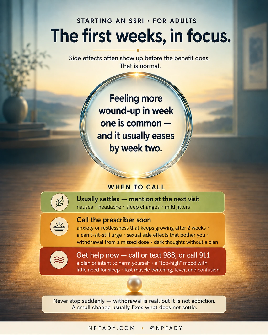 Infographic titled The first weeks, in focus, subtitled Starting an SSRI, for adults. A glowing glass lens rests on a wooden table in a calm, sunlit room. Text above it says side effects often show up before the benefit does, and that is normal. Inside the lens: feeling more wound-up in week one is common, and it usually eases by week two. A When to Call section shows three colored bands. The green band, Usually settles, mention at the next visit, lists nausea, headache, sleep changes, and mild jitters. The amber band, Call the prescriber soon, lists anxiety or restlessness that keeps growing after two weeks, a can't-sit-still urge, sexual side effects that bother you, withdrawal from a missed dose, and dark thoughts without a plan. The red band, Get help now, call or text 988 or call 911, lists a plan or intent to harm yourself, a too-high mood with little need for sleep, and fast muscle twitching with fever and confusion. A closing note says never stop suddenly, withdrawal is real but it is not addiction, and a small change usually fixes what does not settle.