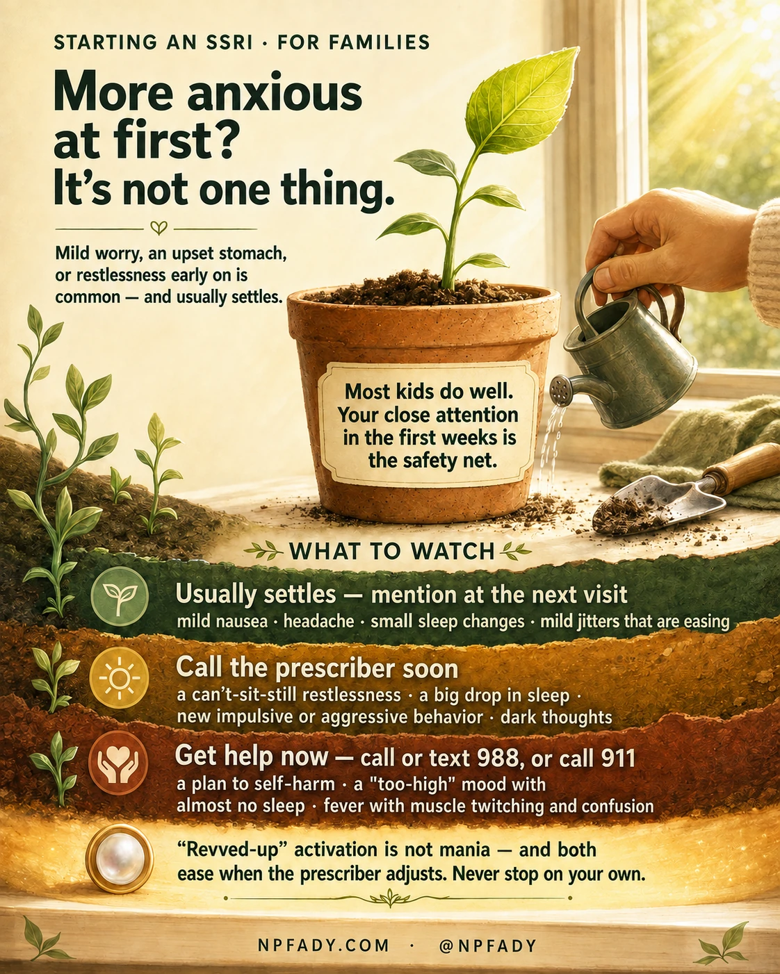 Infographic titled More anxious at first? It's not one thing, subtitled Starting an SSRI, for families. A young seedling in a terracotta pot sits on a sunlit windowsill while a hand waters it. A label on the pot reads: most kids do well, and your close attention in the first weeks is the safety net. Opening text says mild worry, an upset stomach, or restlessness early on is common and usually settles. A What to Watch section shows three layered bands. The green band, Usually settles, mention at the next visit, lists mild nausea, headache, small sleep changes, and mild jitters that are easing. The amber band, Call the prescriber soon, lists a can't-sit-still restlessness, a big drop in sleep, new impulsive or aggressive behavior, and dark thoughts. The red band, Get help now, call or text 988 or call 911, lists a plan to self-harm, a too-high mood with almost no sleep, and fever with muscle twitching and confusion. A closing note says revved-up activation is not mania, both ease when the prescriber adjusts, and never stop on your own.
