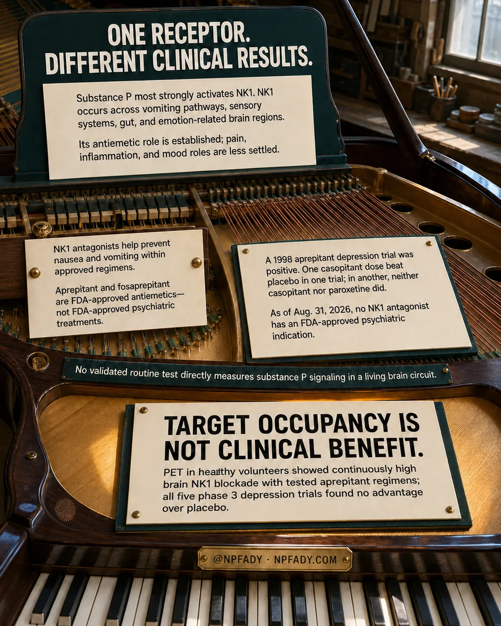 Infographic drawn as the open lid and strings of a grand piano in a sunlit workshop, with cream cards pinned to the frame. Text reads: One receptor. Different clinical results. Substance P most strongly activates NK1. NK1 occurs across vomiting pathways, sensory systems, gut, and emotion-related brain regions. Its antiemetic role is established; pain, inflammation, and mood roles are less settled. NK1 antagonists help prevent nausea and vomiting within approved regimens. Aprepitant and fosaprepitant are FDA-approved antiemetics, not FDA-approved psychiatric treatments. A 1998 aprepitant depression trial was positive. One casopitant dose beat placebo in one trial; in another, neither casopitant nor paroxetine did. As of August 31, 2026, no NK1 antagonist has an FDA-approved psychiatric indication. A strip reads: no validated routine test directly measures substance P signaling in a living brain circuit. A large card reads: Target occupancy is not clinical benefit. PET in healthy volunteers showed continuously high brain NK1 blockade with tested aprepitant regimens; all five phase 3 depression trials found no advantage over placebo. The base reads: at NPFADY, NPFADY.com.