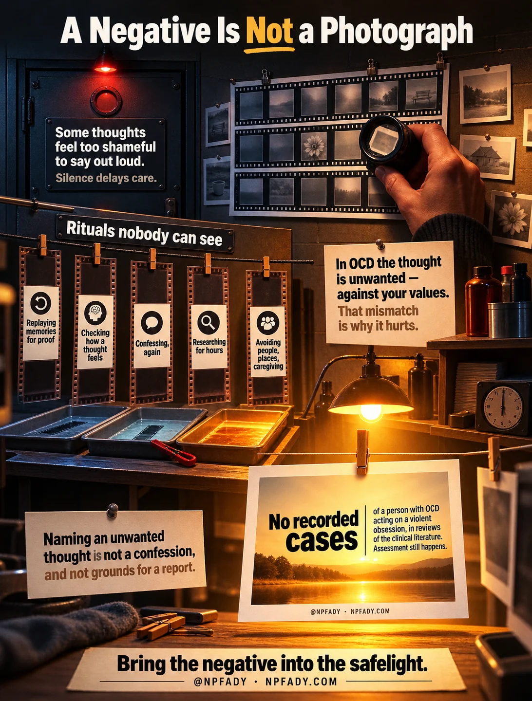 Infographic titled A Negative Is Not a Photograph, set in a darkroom lit by a red safelight and a warm desk lamp, with film strips and prints pegged to drying lines. A panel by the darkroom door reads: some thoughts feel too shameful to say out loud — silence delays care. A hand holds a loupe over a strip of negatives. A line of five film strips under the heading Rituals nobody can see is labeled: replaying memories for proof; checking how a thought feels; confessing, again; researching for hours; avoiding people, places, caregiving. A card beside the enlarger reads: in OCD the thought is unwanted — against your values; that mismatch is why it hurts. A pinned card reads: naming an unwanted thought is not a confession, and not grounds for a report. A finished print in the center reads: no recorded cases of a person with OCD acting on a violent obsession, in reviews of the clinical literature — assessment still happens. The closing line reads: bring the negative into the safelight. At NP Fady, npfady.com.