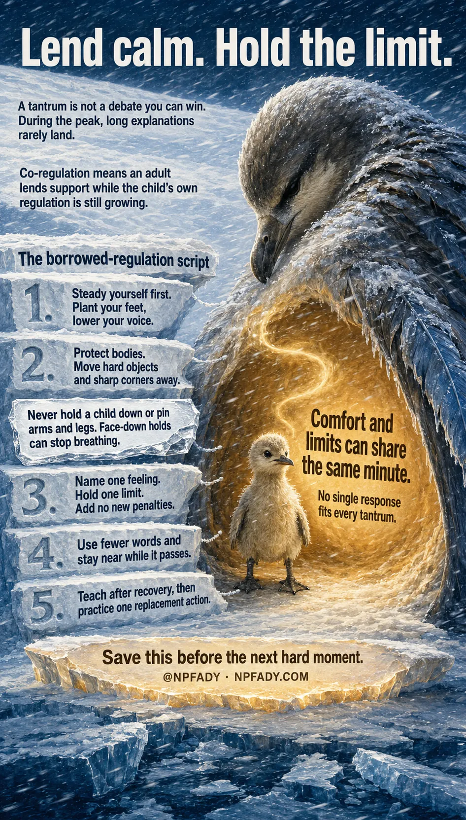 A brooding adult seabird shelters a chick in a polar wind, teaching what to do during a tantrum. Read top to bottom: an open storm, a plate explaining that a tantrum is not a debate, a warm rim of light where co-regulation is defined, five wind-carved ledges holding a five-step script with a separate clear-ice plate reading "Never hold a child down or pin arms and legs," and a warm hollow holding the crowned line "Comfort and limits can share the same minute."
