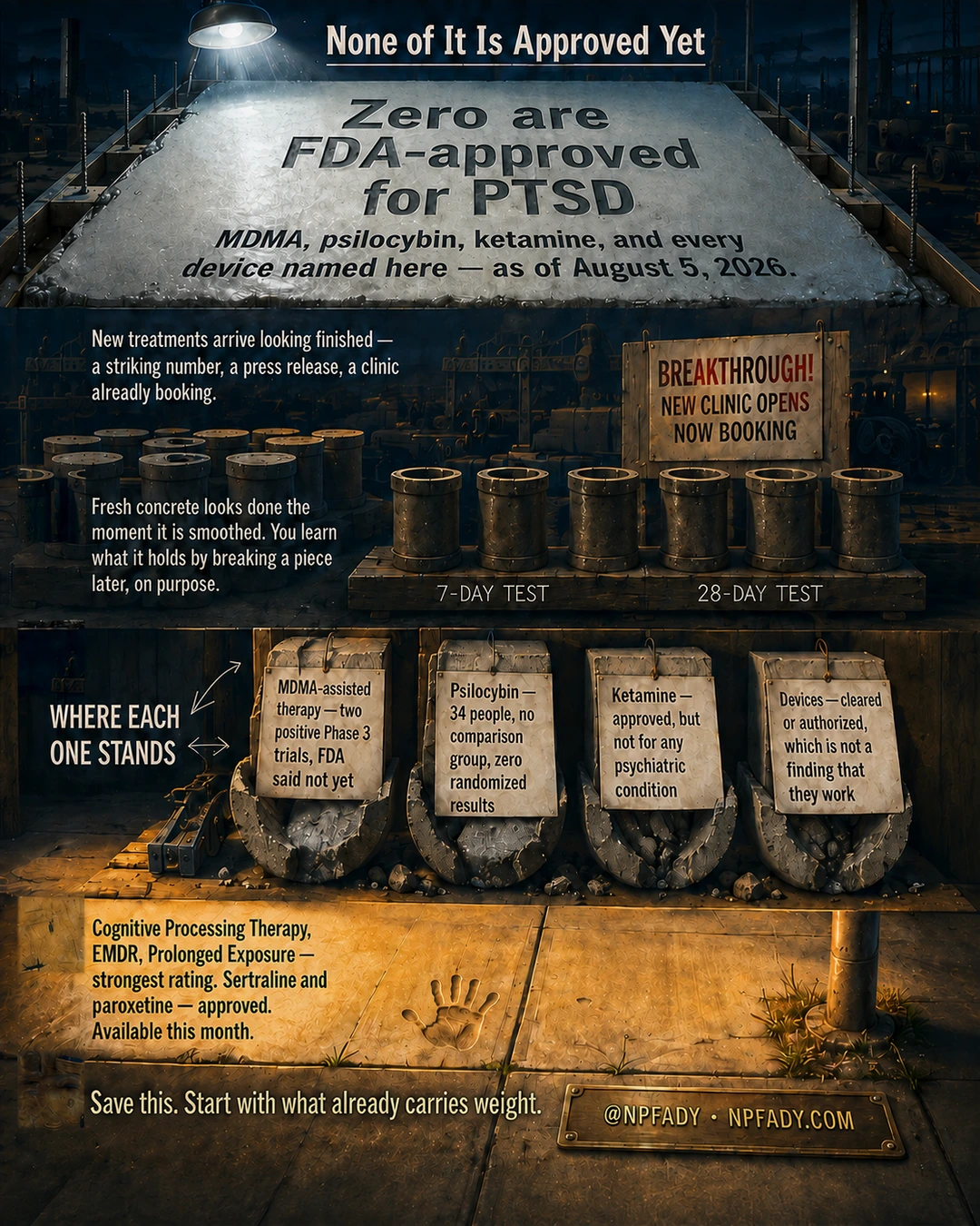 Infographic titled None of It Is Approved Yet, set on a night construction site under a work lamp. Across a freshly poured concrete slab, large letters stamped into the surface read: Zero are FDA-approved for PTSD — MDMA, psilocybin, ketamine, and every device named here, as of August 5, 2026. In the middle band, rows of concrete test cylinders sit on pallets labeled 7-day test and 28-day test, beside a weathered sign reading Breakthrough, new clinic opens, now booking. Two notes read: new treatments arrive looking finished, a striking number, a press release, a clinic already booking; and fresh concrete looks done the moment it is smoothed, you learn what it holds by breaking a piece later, on purpose. A section headed Where Each One Stands shows four paper tags hung above broken concrete cylinders: MDMA-assisted therapy, two positive Phase 3 trials, FDA said not yet; psilocybin, 34 people, no comparison group, zero randomized results; ketamine, approved, but not for any psychiatric condition; and devices, cleared or authorized, which is not a finding that they work. On the finished sidewalk below, a note reads that Cognitive Processing Therapy, EMDR, and Prolonged Exposure carry the strongest rating, that sertraline and paroxetine are approved, and that these are available this month. A closing bar reads: save this, start with what already carries weight.
