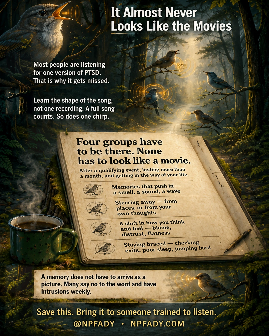 Infographic titled It Almost Never Looks Like the Movies, set on a sunlit forest path. Several songbirds perch on branches, each with glowing golden rings radiating from its beak to suggest a different song, and one bird is shown large in the top corner mid-call. A large open journal rests on the forest floor beside a steaming green enamel mug. Two notes at the left read: most people are listening for one version of PTSD, that is why it gets missed; and learn the shape of the song, not one recording, a full song counts, so does one chirp. The journal is headed Four groups have to be there, none has to look like a movie, and notes that they follow a qualifying event, last more than a month, and get in the way of your life. Four entries follow, each marked with a small drawn bird medallion: memories that push in, a smell, a sound, a wave; steering away, from places or from your own thoughts; a shift in how you think and feel, blame, distrust, flatness; and staying braced, checking exits, poor sleep, jumping hard. A note below reads that a memory does not have to arrive as a picture, and that many people say no to the word while having intrusions weekly. A closing bar reads: save this, bring it to someone trained to listen.