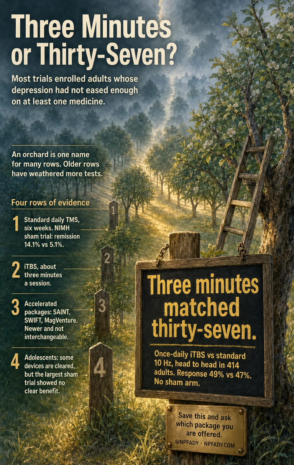 Infographic titled Three Minutes or Thirty-Seven, set in a misty hillside orchard at first light with a wooden ladder leaning against a tree. A subhead reads: most trials enrolled adults whose depression had not eased enough on at least one medicine. A note at the left reads: an orchard is one name for many rows, and older rows have weathered more tests. Under the heading Four rows of evidence, four numbered row markers stand in the grass. Row one, standard daily TMS, six weeks; NIMH sham trial remission 14.1 percent versus 5.1 percent. Row two, iTBS, about three minutes a session. Row three, accelerated packages: SAINT, SWIFT, MagVenture; newer and not interchangeable. Row four, adolescents: some devices are cleared, but the largest sham trial showed no clear benefit. A chalk tally board hangs from a post and reads: three minutes matched thirty-seven. Once-daily iTBS versus standard 10 Hz, head to head in 414 adults. Response 49 percent versus 47 percent. No sham arm. A brass plaque below reads, save this and ask which package you are offered, at NPFADY, NPFADY.com.