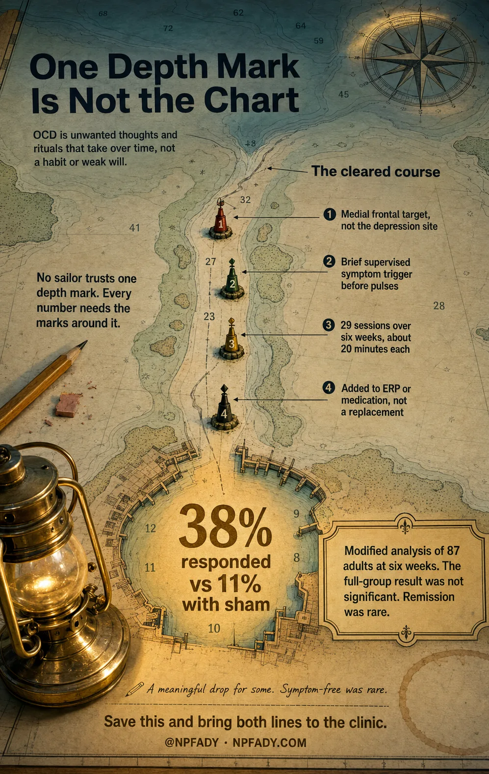 Infographic titled One Depth Mark Is Not the Chart, drawn as an aged nautical chart on a navigator's table with a brass lantern, a pencil, and an eraser resting on it. A note below the title reads: OCD is unwanted thoughts and rituals that take over time, not a habit or weak will. A second note reads: no sailor trusts one depth mark, every number needs the marks around it. A labelled channel called The cleared course runs down the chart with four numbered buoys. One, medial frontal target, not the depression site. Two, brief supervised symptom trigger before pulses. Three, 29 sessions over six weeks, about 20 minutes each. Four, added to ERP or medication, not a replacement. In the harbour below, a large figure reads 38 percent responded versus 11 percent with sham. A framed box beside it reads: modified analysis of 87 adults at six weeks, the full-group result was not significant, remission was rare. A handwritten line underneath reads, a meaningful drop for some, symptom-free was rare. At the base, save this and bring both lines to the clinic, at NPFADY, NPFADY.com.