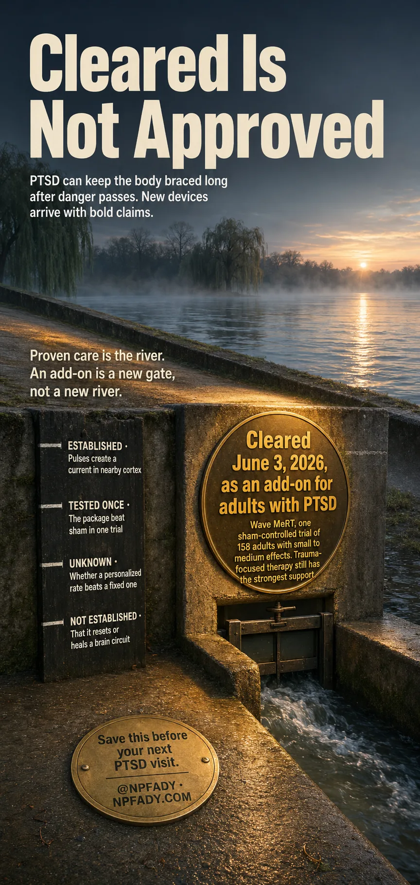Infographic titled Cleared Is Not Approved, set on a stone river levee at dawn with mist on the water and a newly opened sluice gate letting a narrow stream through. A subhead reads: PTSD can keep the body braced long after danger passes, and new devices arrive with bold claims. A line further down reads: proven care is the river, an add-on is a new gate, not a new river. A painted staff gauge on the levee wall ranks four levels. Established, pulses create a current in nearby cortex. Tested once, the package beat sham in one trial. Unknown, whether a personalized rate beats a fixed one. Not established, that it resets or heals a brain circuit. A brass medallion mounted above the gate reads: cleared June 3, 2026, as an add-on for adults with PTSD. Wave MeRT, one sham-controlled trial of 158 adults with small to medium effects. Trauma-focused therapy still has the strongest support. A brass plate set into the walkway reads, save this before your next PTSD visit, at NPFADY, NPFADY.com.