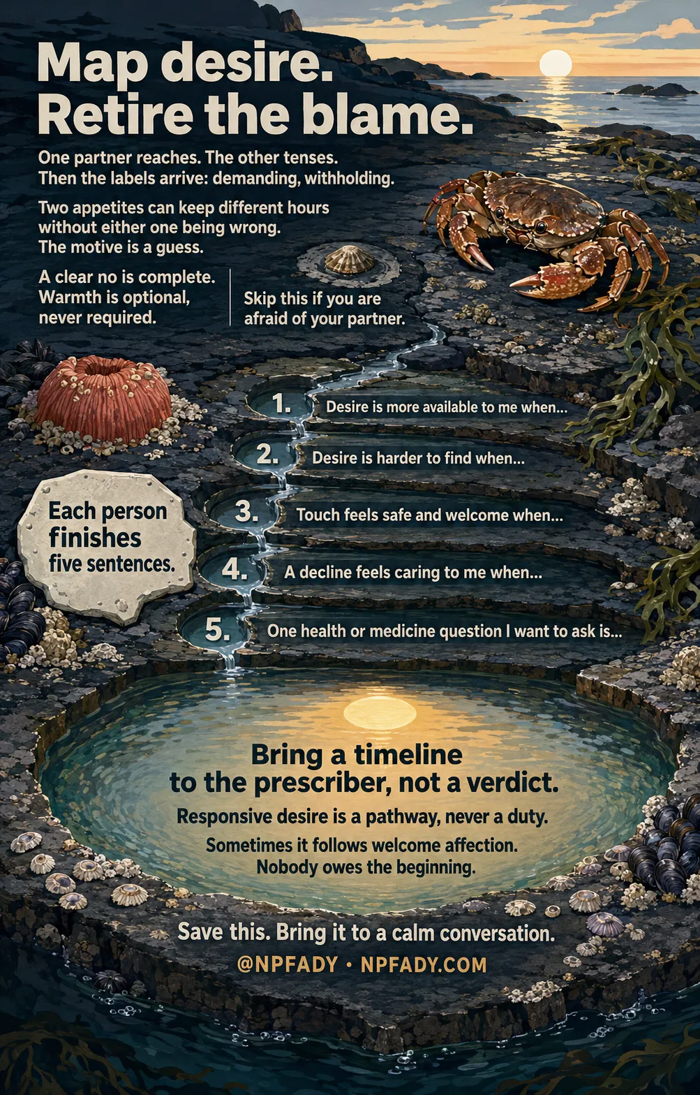 A tide shelf with an anemone at one end and a shore crab at the other teaches that partners can want sex at different hours without either being wrong. Read top to bottom: the labels demanding and withholding on dry rock, a tide line where a clear no is named complete, a gate reading "Skip this if you are afraid of your partner," five pools holding five sentence stems, and a sunlit pool with the crowned line "Responsive desire is a pathway, never a duty."