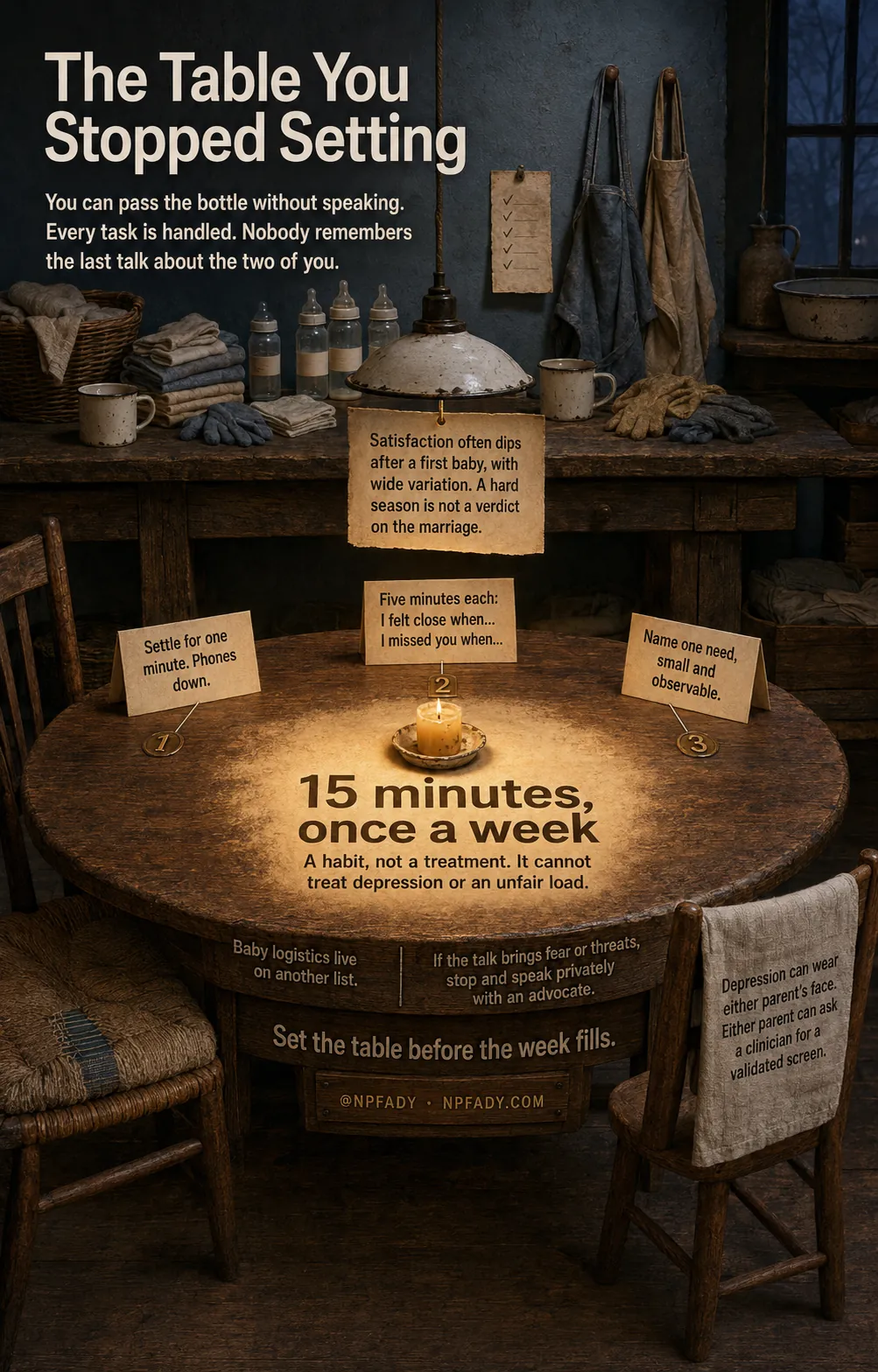 A weekly couple ritual after a first baby, shown as a small round table that stopped being set. A long workbench of finished baby-care tasks fills the top; below it a lit table holds three folded cards reading felt close, missed you, and one need. At the centre, the words 15 minutes, once a week sit above the line: a habit, not a treatment, and it cannot treat depression or an unfair load.