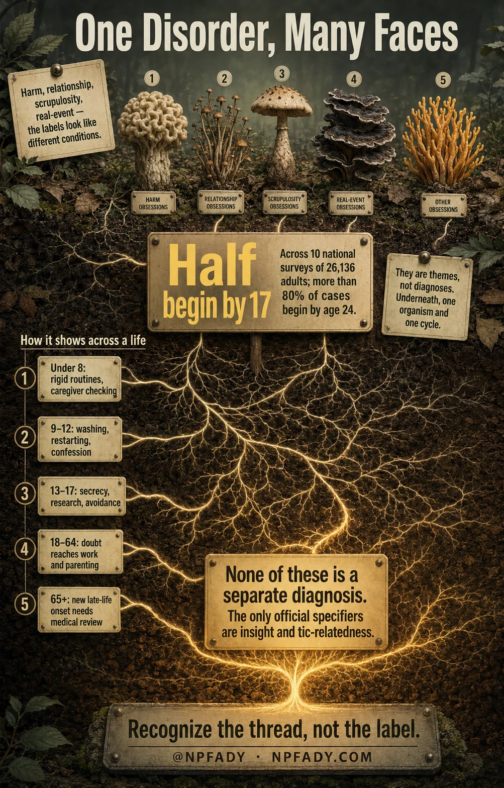 Infographic titled One Disorder, Many Faces, drawn as a forest-floor cross section: five very different mushrooms above ground, all joined below by a single glowing mycelial network. A card at upper left reads: harm, relationship, scrupulosity, real-event — the labels look like different conditions. The five fruiting bodies are labeled harm obsessions, relationship obsessions, scrupulosity obsessions, real-event obsessions, and other obsessions. A card at upper right reads: they are themes, not diagnoses; underneath, one organism and one cycle. A central sign reads Half begin by 17, with the line: across 10 national surveys of 26,136 adults; more than 80 percent of cases begin by age 24. A left-hand column headed How it shows across a life lists five stages — under 8, rigid routines and caregiver checking; 9 to 12, washing, restarting, confession; 13 to 17, secrecy, research, avoidance; 18 to 64, doubt reaches work and parenting; 65 and older, new late-life onset needs medical review. A plaque at the root of the network reads: none of these is a separate diagnosis; the only official specifiers are insight and tic-relatedness. The closing line reads: recognize the thread, not the label. At NP Fady, npfady.com.