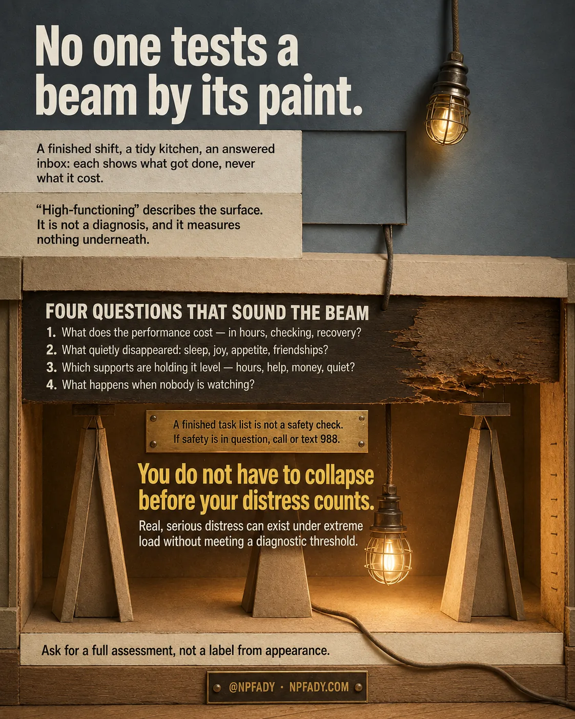 A wall with flawless paint, opened to show the beam behind it, teaching that "high-functioning" describes the surface, not a diagnosis. Read top to bottom. The lit opening holds the line: you do not have to collapse before your distress counts.