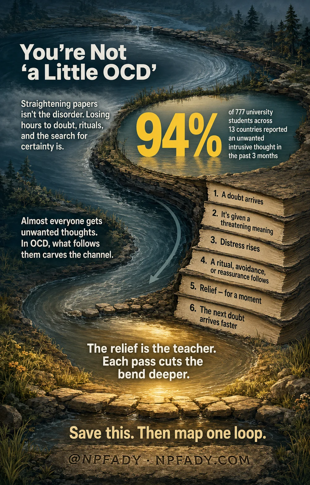 Infographic titled You're Not 'a Little OCD', drawn as a river meander at dusk carving a deepening bend through a stratified bank. The opening panel reads: straightening papers isn't the disorder — losing hours to doubt, rituals, and the search for certainty is. A large figure in the still pool at the top of the bend reads 94 percent, set against the line: of 777 university students across 13 countries reported an unwanted intrusive thought in the past 3 months. A second panel reads: almost everyone gets unwanted thoughts; in OCD, what follows them carves the channel. Six layers in the eroded bank, each labeled like a page edge, spell out the loop — one, a doubt arrives; two, it's given a threatening meaning; three, distress rises; four, a ritual, avoidance, or reassurance follows; five, relief, for a moment; six, the next doubt arrives faster. A closing line over the golden pool reads: the relief is the teacher, each pass cuts the bend deeper. A low stone ford crosses the water at the bottom, with the call to action: save this, then map one loop. At NP Fady, npfady.com.