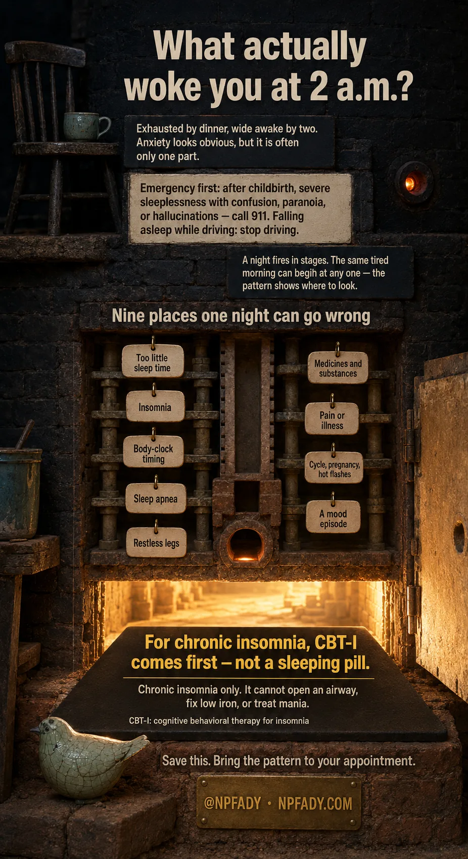 A teaching infographic shaped like a brick kiln firing overnight, used to show that one 2 a.m. awakening has nine possible origins. It reads top to bottom: the hook "What actually woke you at 2 a.m.?", a context line, a pale emergency plaque, the idea that a night fires in stages, then nine identical clay tags naming nine peer possibilities — too little sleep time, insomnia, body-clock timing, sleep apnea, restless legs, medicines and substances, pain or illness, cycle/pregnancy/hot flashes, and a mood episode. The kiln door opens at dawn on the main point: for chronic insomnia, CBT-I comes first, not a sleeping pill — and it cannot open an airway, fix low iron, or treat mania. The nine tags are deliberately unordered and unranked.