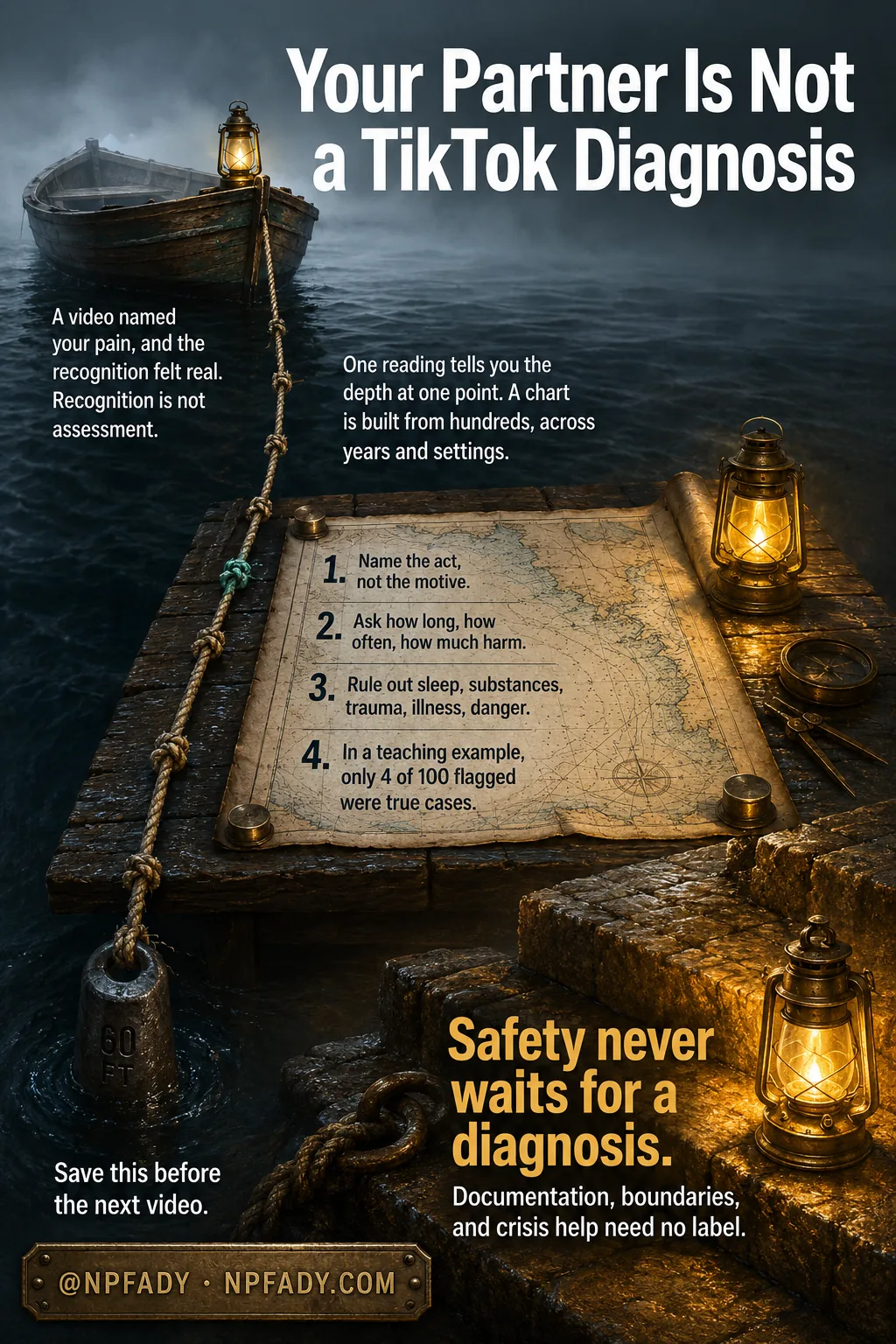 Infographic titled Your Partner Is Not a TikTok Diagnosis. A night harbor scene: a weathered rowboat drifts in fog, tied by a knotted rope to a stone dock where lanterns burn beside an old nautical chart. Text near the boat reads: a video named your pain, and the recognition felt real. Recognition is not assessment. Text above the chart reads: one reading tells you the depth at one point. A chart is built from hundreds, across years and settings. The chart lists four numbered steps. One, name the act, not the motive. Two, ask how long, how often, how much harm. Three, rule out sleep, substances, trauma, illness, danger. Four, in a teaching example, only 4 of 100 flagged were true cases. Large amber text reads: safety never waits for a diagnosis. Documentation, boundaries, and crisis help need no label. A note reads: save this before the next video.