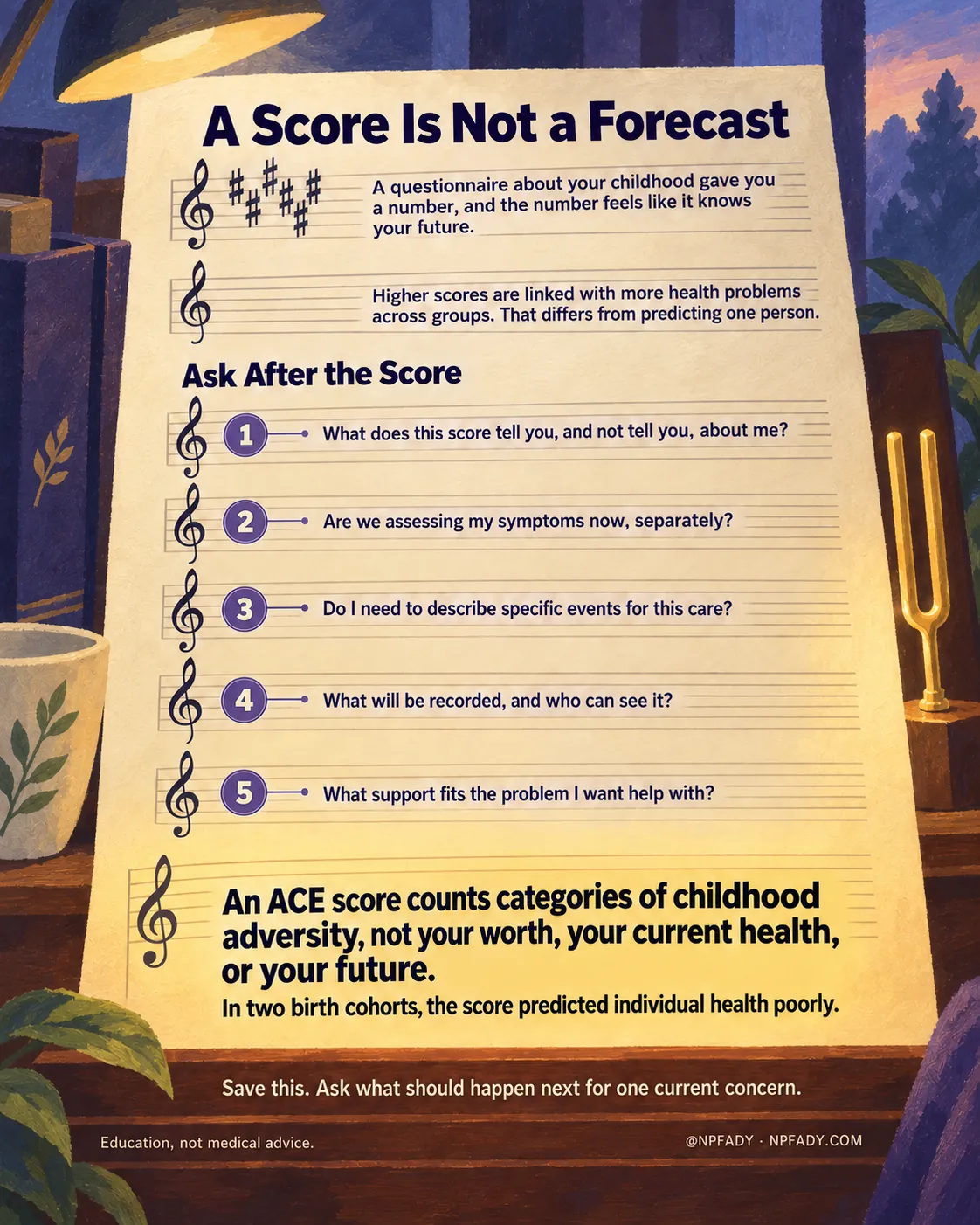 The image is one continuous storybook scene of a manuscript page on a piano's music rest, with a key signature at the top and open measures at the bottom. Reading top to bottom. Headline: A Score Is Not a Forecast. Context: A questionnaire about your childhood gave you a number, and the number feels like it knows your future. Core idea: Higher scores are linked with more health problems across groups. That differs from predicting one person. Under the heading Ask After the Score, five numbered staves carry five items: one, what does this score tell you, and not tell you, about me?; two, are we assessing my symptoms now, separately?; three, do I need to describe specific events for this care?; four, what will be recorded, and who can see it?; five, what support fits the problem I want help with? The highlighted conclusion reads: An ACE score counts categories of childhood adversity, not your worth, your current health, or your future. With the qualifier: In two birth cohorts, the score predicted individual health poorly. Closing lines: Save this. Ask what should happen next for one current concern. Education, not medical advice. Signed @NPFADY, NPFADY.COM.