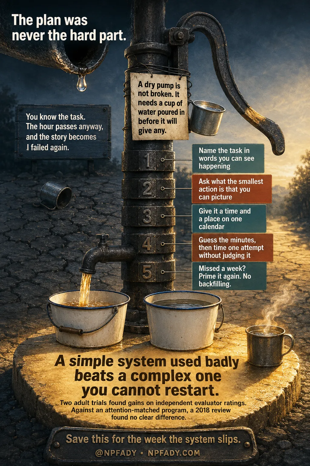 Infographic titled The plan was never the hard part, drawn as an old cast-iron hand pump in a cracked yard at first light, with five numbered collar rings down the pump's body, two enamel buckets on a stone apron, and a tin priming cup. A board reads: You know the task. The hour passes anyway, and the story becomes I failed again. A label wired to the pump reads: A dry pump is not broken. It needs a cup of water poured in before it will give any. The five rings carry the task-start protocol. One: Name the task in words you can see happening. Two: Ask what the smallest action is that you can picture. Three: Give it a time and a place on one calendar. Four: Guess the minutes, then time one attempt without judging it. Five: Missed a week? Prime it again. No backfilling. The apron reads: A simple system used badly beats a complex one you cannot restart. Two adult trials found gains on independent evaluator ratings. Against an attention-matched program, a 2018 review found no clear difference. The base plate reads: Save this for the week the system slips. At NPFADY, NPFADY.com.