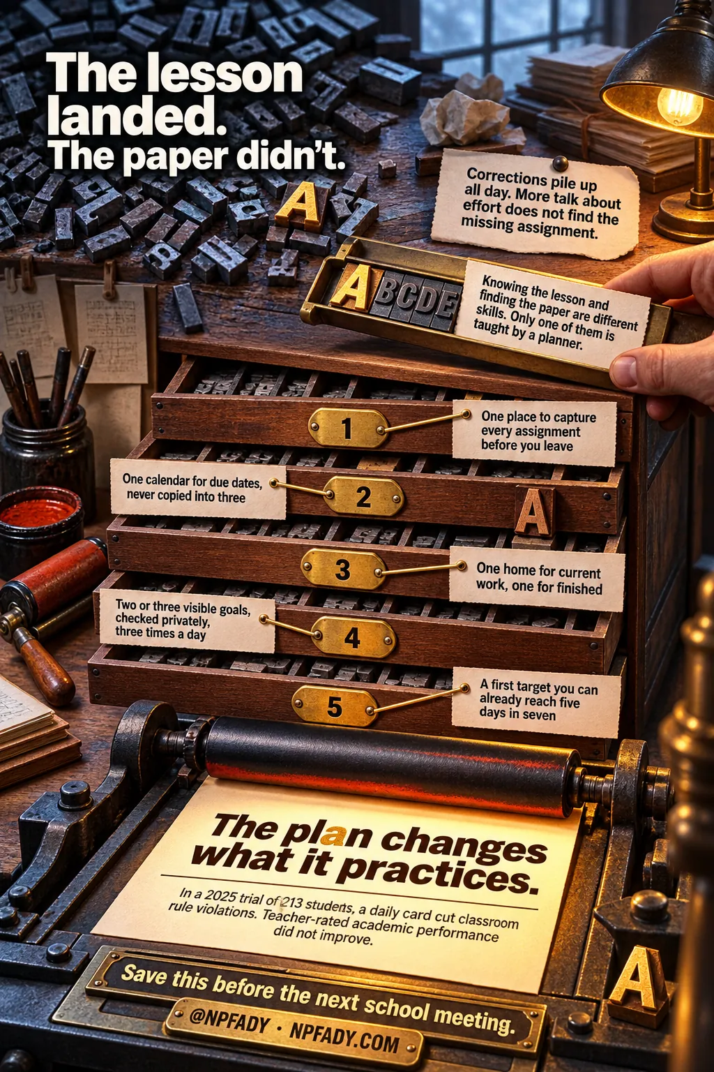 Infographic titled The lesson landed. The paper didn't, drawn as a letterpress workshop with loose metal type spilled across a bench, a wooden type case with five numbered drawers, and a proof press printing a fresh sheet. A paper slip reads: Corrections pile up all day. More talk about effort does not find the missing assignment. A second slip reads: Knowing the lesson and finding the paper are different skills. Only one of them is taught by a planner. The five drawers carry the system. One: One place to capture every assignment before you leave. Two: One calendar for due dates, never copied into three. Three: One home for current work, one for finished. Four: Two or three visible goals, checked privately, three times a day. Five: A first target you can already reach five days in seven. The proof sheet reads: The plan changes what it practices. In a 2025 trial of 213 students, a daily card cut classroom rule violations. Teacher-rated academic performance did not improve. The press bed reads: Save this before the next school meeting. At NPFADY, NPFADY.com.