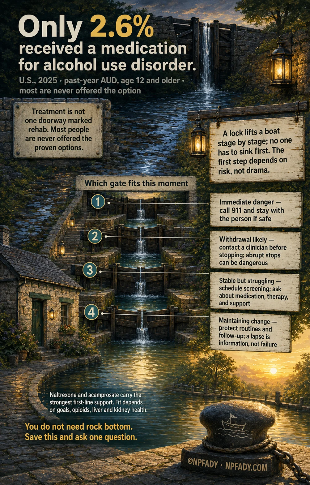 Infographic drawn as a canal with four lock gates descending toward a sunset harbor. The headline reads: Only 2.6% received a medication for alcohol use disorder. U.S., 2025, past-year AUD, age 12 and older; most are never offered the option. A stone plaque reads: Treatment is not one doorway marked rehab. Most people are never offered the proven options. A hanging sign reads: A lock lifts a boat stage by stage; no one has to sink first. The first step depends on risk, not drama. Under the heading Which gate fits this moment, four numbered gates read. One: Immediate danger, call 911 and stay with the person if safe. Two: Withdrawal likely, contact a clinician before stopping; abrupt stops can be dangerous. Three: Stable but struggling, schedule screening; ask about medication, therapy, and support. Four: Maintaining change, protect routines and follow-up; a lapse is information, not failure. A line reads: Naltrexone and acamprosate carry the strongest first-line support. Fit depends on goals, opioids, liver and kidney health. The closing line reads: You do not need rock bottom. Save this and ask one question. A mooring post reads: at NPFADY, NPFADY.com.