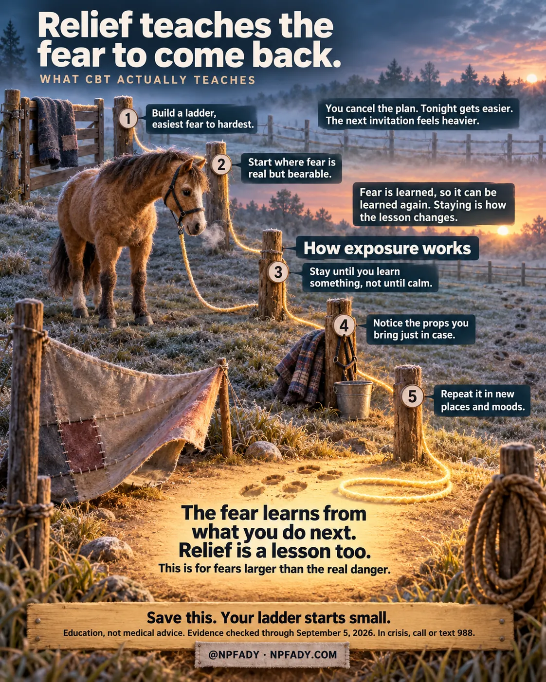 The image is one continuous photorealistic scene of a frosted paddock at dawn: a shaggy horse on a lead rope stands by a fence, and a glowing rope runs from post to post down the field past a patched canvas tarp, a bucket and hoofprints in the dirt. Reading top to bottom. Headline: Relief teaches the fear to come back. Series label: What CBT Actually Teaches. Context: You cancel the plan. Tonight gets easier. The next invitation feels heavier. Core idea: Fear is learned, so it can be learned again. Staying is how the lesson changes. Under the heading How exposure works, five numbered fence posts carry five items: one, build a ladder, easiest fear to hardest; two, start where fear is real but bearable; three, stay until you learn something, not until calm; four, notice the props you bring just in case; five, repeat it in new places and moods. The highlighted conclusion on the lit ground reads: The fear learns from what you do next. Relief is a lesson too. With the qualifier: This is for fears larger than the real danger. Closing lines: Save this. Your ladder starts small. Education, not medical advice. Evidence checked through September 5, 2026. In crisis, call or text 988. Signed @NPFADY, NPFADY.COM.