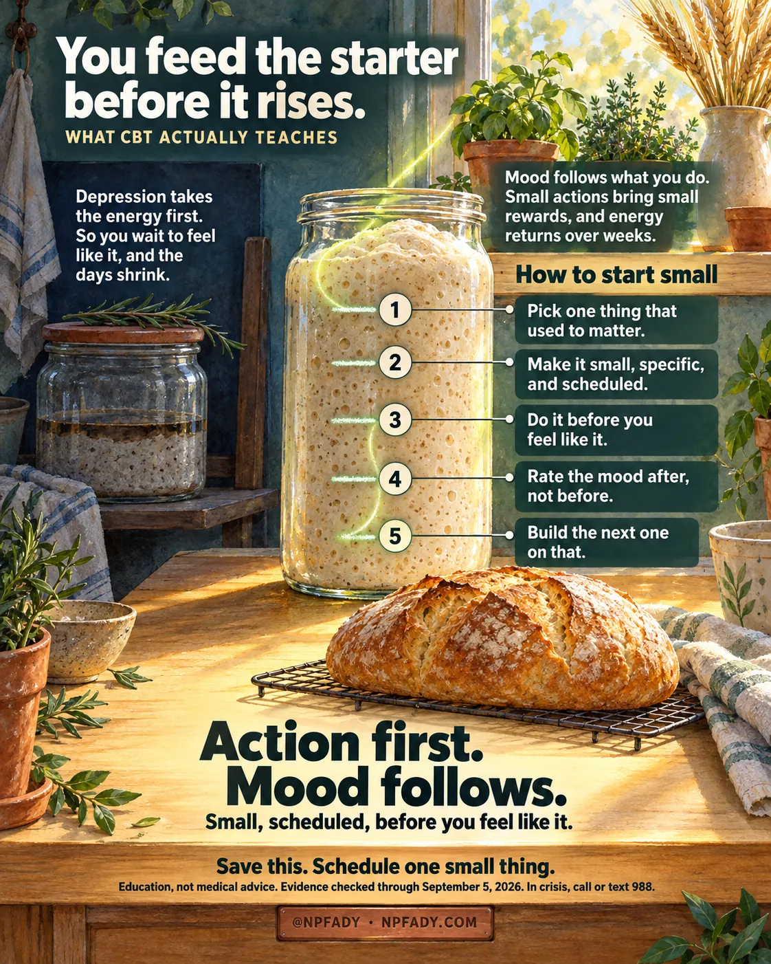 The image is one continuous sunlit kitchen scene in soft watercolor: a tall glass jar of bubbling sourdough starter stands on a wooden counter beside a baked loaf on a cooling rack, with herbs, wheat stalks and a bright window behind. Reading top to bottom. Headline: You feed the starter before it rises. Series label: What CBT Actually Teaches. Context: Depression takes the energy first. So you wait to feel like it, and the days shrink. Core idea: Mood follows what you do. Small actions bring small rewards, and energy returns over weeks. Under the heading How to start small, five numbered marks on the jar carry five items: one, pick one thing that used to matter; two, make it small, specific, and scheduled; three, do it before you feel like it; four, rate the mood after, not before; five, build the next one on that. The highlighted conclusion on the counter reads: Action first. Mood follows. With the line: Small, scheduled, before you feel like it. Closing lines: Save this. Schedule one small thing. Education, not medical advice. Evidence checked through September 5, 2026. In crisis, call or text 988. Signed @NPFADY, NPFADY.COM.