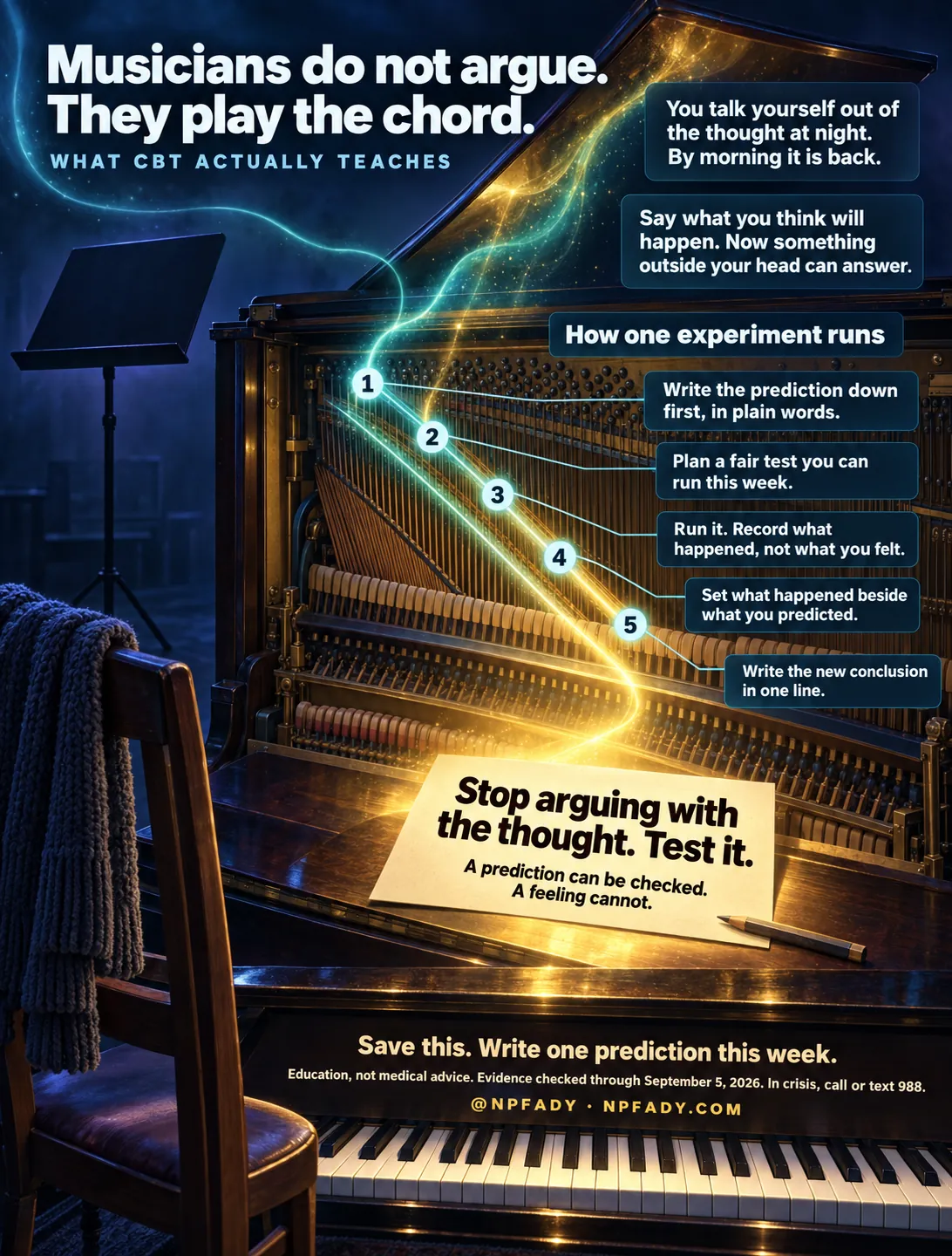 The image is one continuous dark-luminous scene of an old upright piano with its front open and its hammers and strings exposed, on a night stage beside a music stand and a chair with a knitted scarf; a glowing line runs down through the strings to a lit sheet of paper on the piano lid. Reading top to bottom. Headline: Musicians do not argue. They play the chord. Series label: What CBT Actually Teaches. Context: You talk yourself out of the thought at night. By morning it is back. Core idea: Say what you think will happen. Now something outside your head can answer. Under the heading How one experiment runs, five numbered points along the strings carry five items: one, write the prediction down first, in plain words; two, plan a fair test you can run this week; three, run it. Record what happened, not what you felt; four, set what happened beside what you predicted; five, write the new conclusion in one line. The highlighted conclusion on the lit paper reads: Stop arguing with the thought. Test it. With the line: A prediction can be checked. A feeling cannot. Closing lines: Save this. Write one prediction this week. Education, not medical advice. Evidence checked through September 5, 2026. In crisis, call or text 988. Signed @NPFADY, NPFADY.COM.