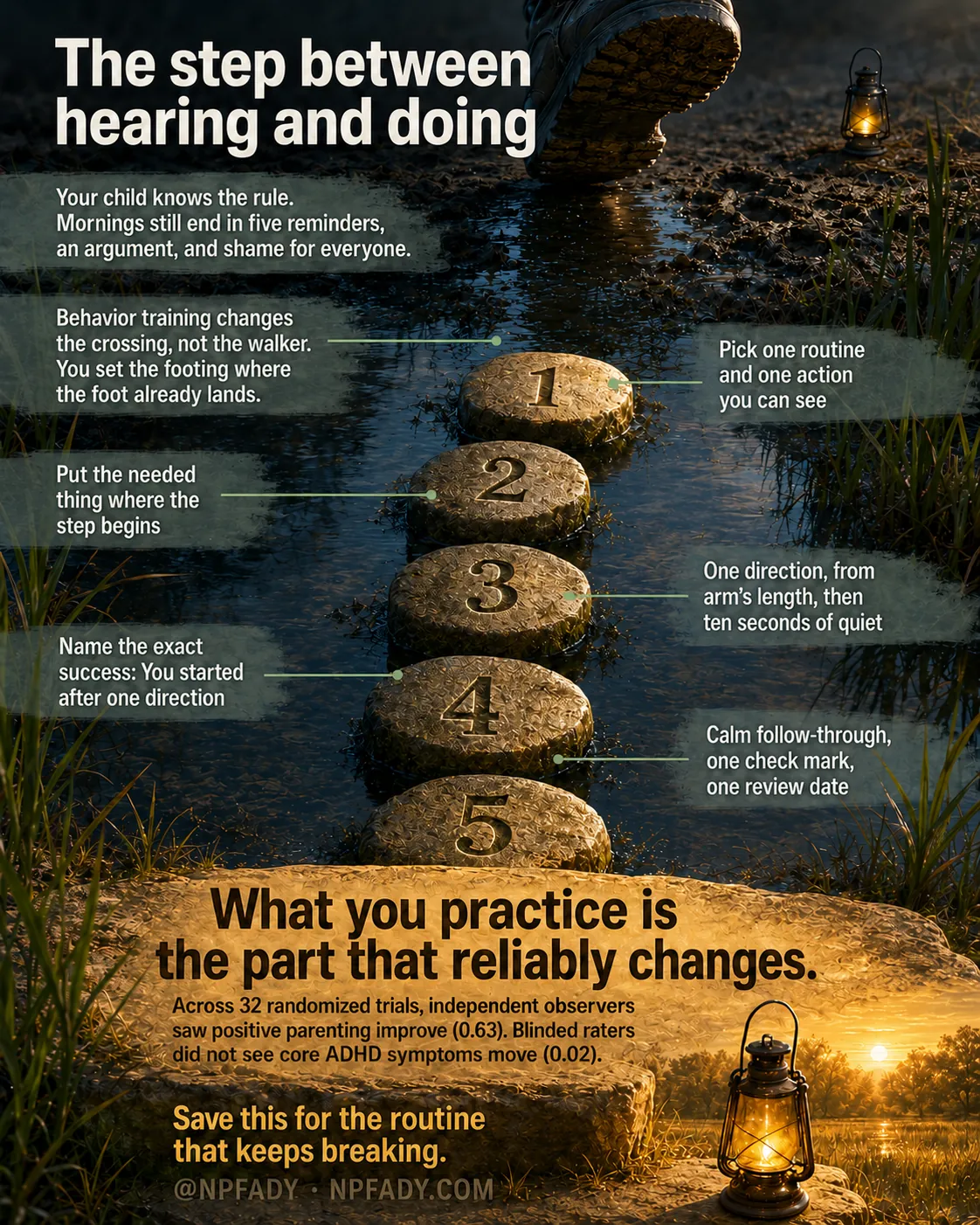 Infographic titled The step between hearing and doing, drawn as a dawn wetland crossing with five numbered stepping stones descending from a muddy bank to a dry golden far bank, a lantern brightening along the path. A plate near the top reads: Your child knows the rule. Mornings still end in five reminders, an argument, and shame for everyone. A second plate reads: Behavior training changes the crossing, not the walker. You set the footing where the foot already lands. The five stones carry the plan. One: Pick one routine and one action you can see. Two: Put the needed thing where the step begins. Three: One direction, from arm's length, then ten seconds of quiet. Four: Name the exact success: You started after one direction. Five: Calm follow-through, one check mark, one review date. The far bank reads: What you practice is the part that reliably changes. Across 32 randomized trials, independent observers saw positive parenting improve (0.63). Blinded raters did not see core ADHD symptoms move (0.02). The base reads: Save this for the routine that keeps breaking. At NPFADY, NPFADY.com.