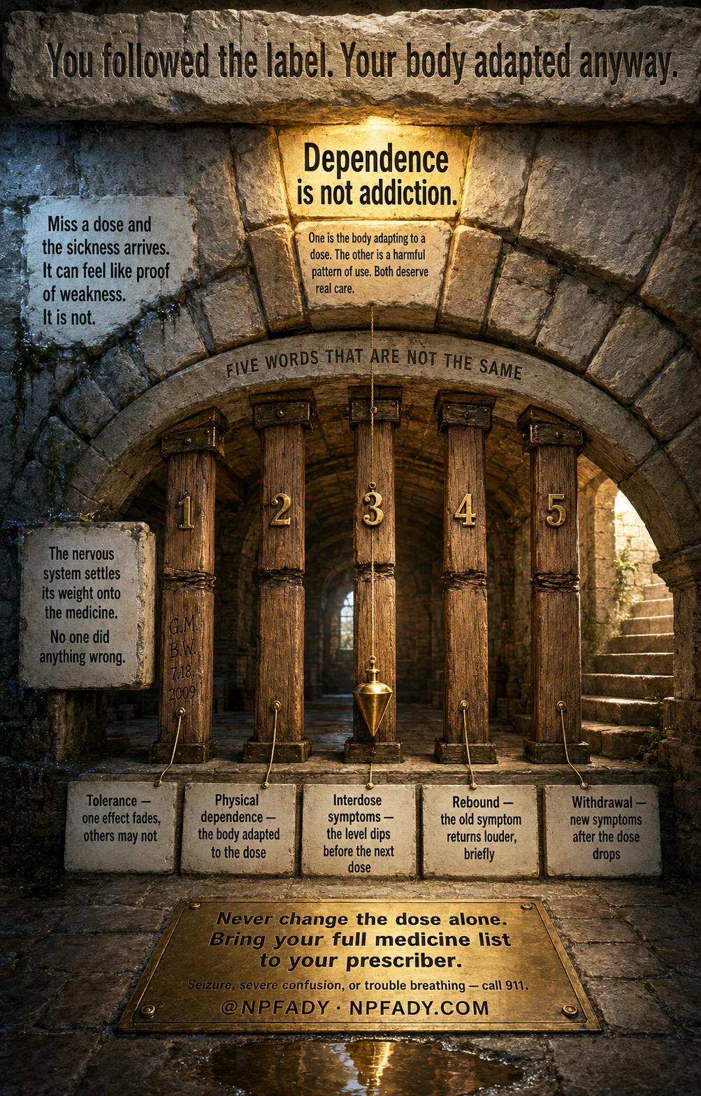 Infographic titled You followed the label. Your body adapted anyway, drawn as a stone cellar arch held up by five oak props, with a brass plumb bob hanging still under the glowing keystone. A plaster plate on the left reads: Miss a dose and the sickness arrives. It can feel like proof of weakness. It is not. A second plate reads: The nervous system settles its weight onto the medicine. No one did anything wrong. Across the arch, the heading Five words that are not the same introduces five numbered props. One: Tolerance, one effect fades, others may not. Two: Physical dependence, the body adapted to the dose. Three: Interdose symptoms, the level dips before the next dose. Four: Rebound, the old symptom returns louder, briefly. Five: Withdrawal, new symptoms after the dose drops. The keystone reads: Dependence is not addiction. One is the body adapting to a dose. The other is a harmful pattern of use. Both deserve real care. A brass floor plate reads: Never change the dose alone. Bring your full medicine list to your prescriber. Seizure, severe confusion, or trouble breathing, call 911. At NPFADY, NPFADY.com.