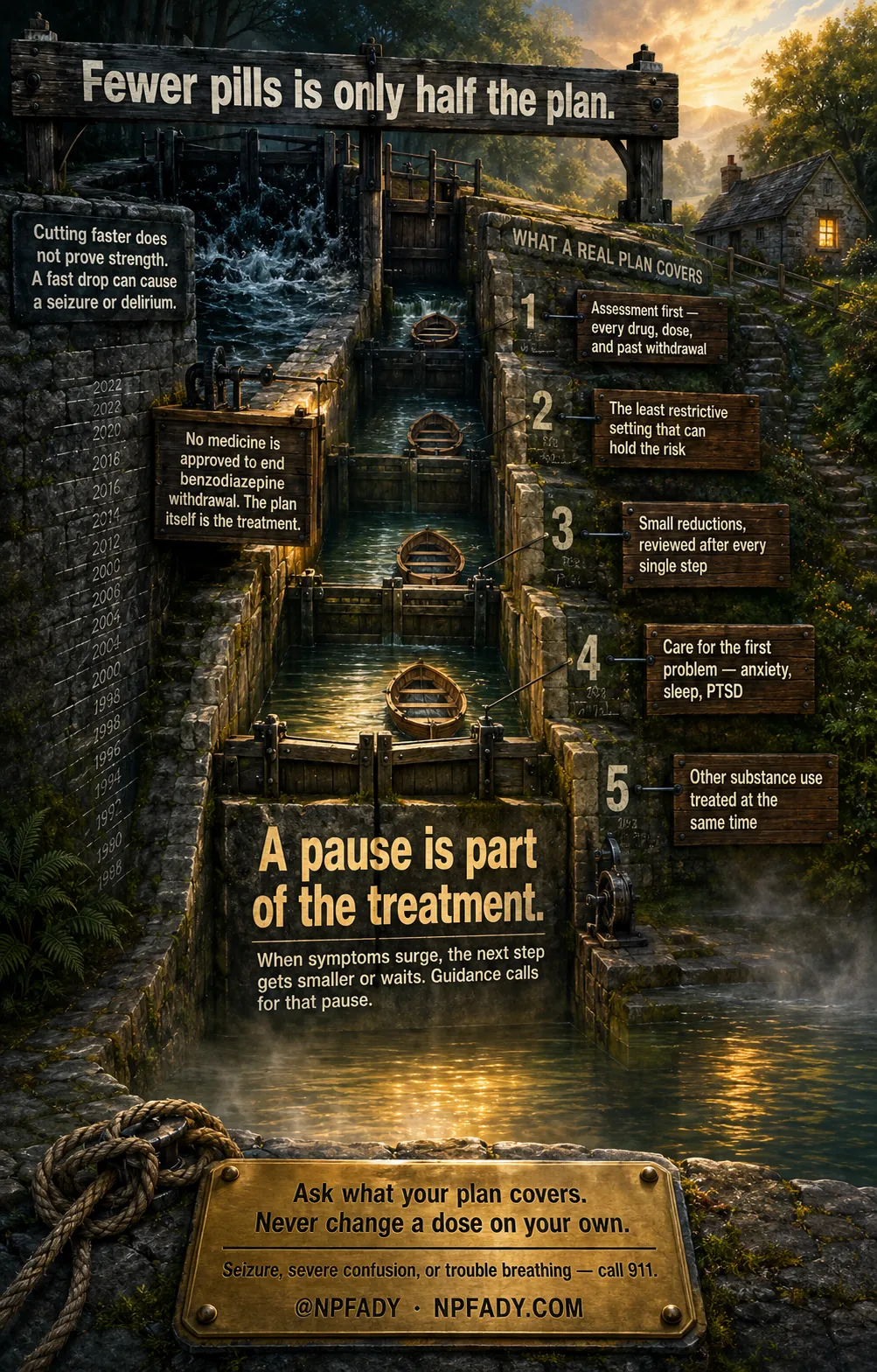 Infographic titled Fewer pills is only half the plan, drawn as a flight of stone canal locks lowering a small wooden boat at first light, with a lock-keeper's cottage window glowing on the bank. A stone panel beside the churning top chamber reads: Cutting faster does not prove strength. A fast drop can cause a seizure or delirium. A wooden sign reads: No medicine is approved to end benzodiazepine withdrawal. The plan itself is the treatment. Down the right side, under the heading What a real plan covers, five numbered chambers read. One: Assessment first, every drug, dose, and past withdrawal. Two: The least restrictive setting that can hold the risk. Three: Small reductions, reviewed after every single step. Four: Care for the first problem, anxiety, sleep, PTSD. Five: Other substance use treated at the same time. The still lower chamber carries the main message: A pause is part of the treatment. When symptoms surge, the next step gets smaller or waits. Guidance calls for that pause. A brass mooring plate at the bottom reads: Ask what your plan covers. Never change a dose on your own. Seizure, severe confusion, or trouble breathing, call 911. At NPFADY, NPFADY.com.