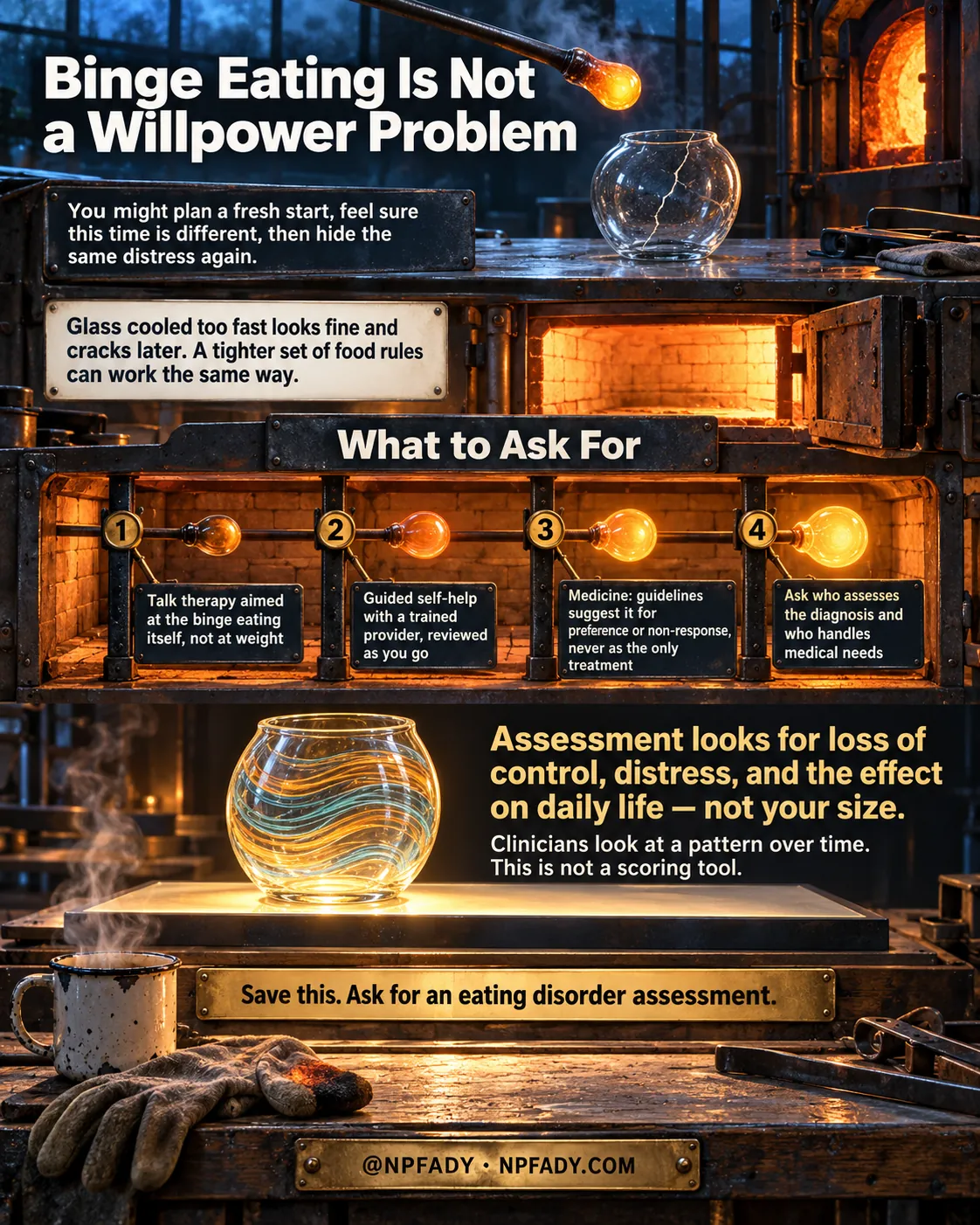 Infographic titled Binge Eating Is Not a Willpower Problem, staged in a glassblowing workshop at night with a furnace glowing behind the bench. An opening panel reads: you might plan a fresh start, feel sure this time is different, then hide the same distress again. A second panel explains the comparison: glass cooled too fast looks fine and cracks later, and a tighter set of food rules can work the same way. A section headed What to Ask For runs four numbered gathers of molten glass along a rail. One, talk therapy aimed at the binge eating itself, not at weight. Two, guided self-help with a trained provider, reviewed as you go. Three, medicine, where guidelines suggest it for preference or non-response, never as the only treatment. Four, ask who assesses the diagnosis and who handles medical needs. Below, a finished glass vessel rests on the annealing shelf beside the line: assessment looks for loss of control, distress, and the effect on daily life, not your size. A smaller note adds that clinicians look at a pattern over time and this is not a scoring tool. A brass plate at the bottom reads: save this, ask for an eating disorder assessment. The footer reads at NPFADY and NPFADY.COM.