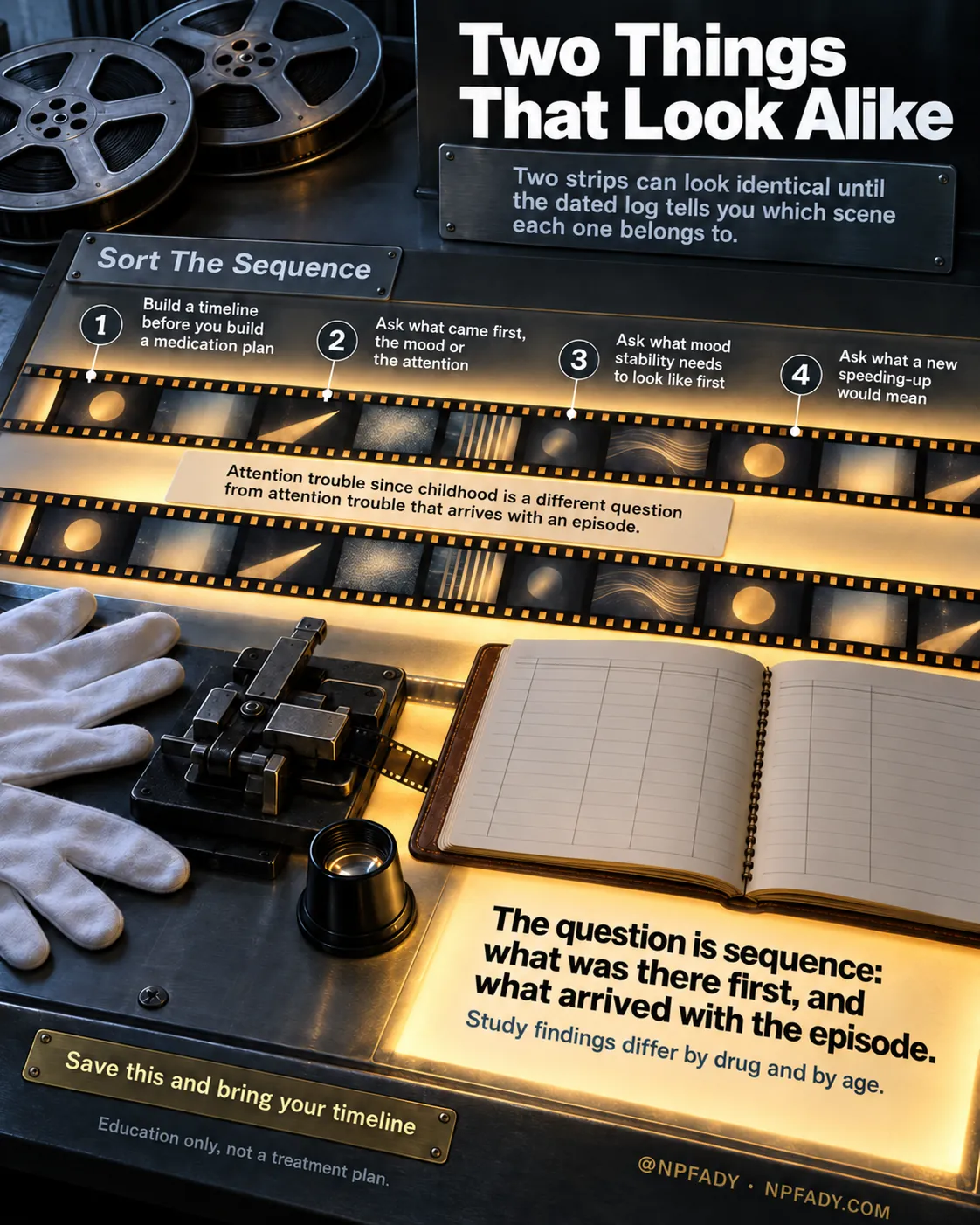 Infographic titled Two Things That Look Alike. An overhead view of a film rewind bench: two identical strips of film lie over lit frosted glass beside film reels, white cotton gloves, a splicer, a loupe, and an open, empty continuity log. A plate reads: Two strips can look identical until the dated log tells you which scene each one belongs to. Under the heading Sort The Sequence, four numbered markers: One, Build a timeline before you build a medication plan. Two, Ask what came first, the mood or the attention. Three, Ask what mood stability needs to look like first. Four, Ask what a new speeding-up would mean. A card between the strips reads: Attention trouble since childhood is a different question from attention trouble that arrives with an episode. On the lit glass: The question is sequence: what was there first, and what arrived with the episode. Study findings differ by drug and by age. Bottom text: Save this and bring your timeline. Education only, not a treatment plan. @NPFADY, NPFADY.COM.