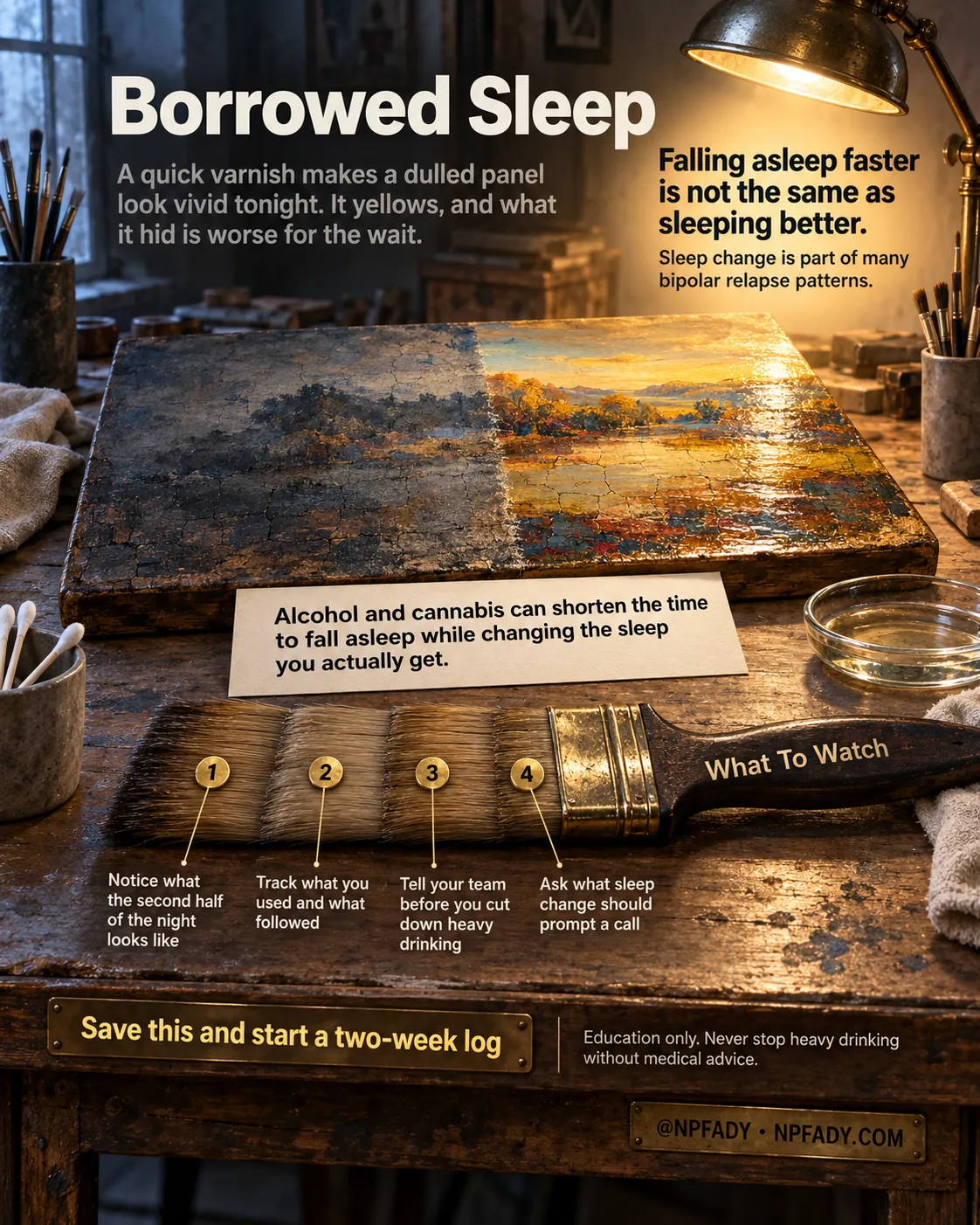 Infographic titled Borrowed Sleep. A conservator's bench under a raking lamp holds an old painted landscape panel, the right half freshly varnished and glossy, the left half still dull, with fine cracks showing through the varnish. Text at the top: A quick varnish makes a dulled panel look vivid tonight. It yellows, and what it hid is worse for the wait. At the upper right: Falling asleep faster is not the same as sleeping better. Sleep change is part of many bipolar relapse patterns. A card on the bench reads: Alcohol and cannabis can shorten the time to fall asleep while changing the sleep you actually get. A flat varnish brush labeled What To Watch has four numbered bristle rows: One, Notice what the second half of the night looks like. Two, Track what you used and what followed. Three, Tell your team before you cut down heavy drinking. Four, Ask what sleep change should prompt a call. Bottom text: Save this and start a two-week log. Education only. Never stop heavy drinking without medical advice. @NPFADY, NPFADY.COM.
