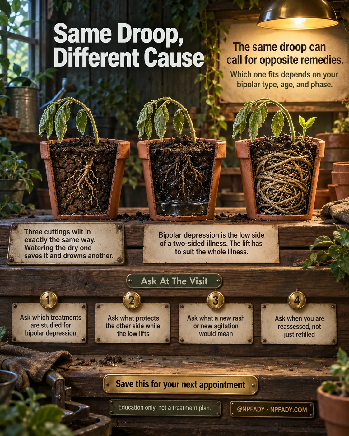 Infographic titled Same Droop, Different Cause. A wooden potting bench in a warm greenhouse holds three terracotta pots cut away to show their roots. All three cuttings droop the same way, but one root ball is bone-dry, one is waterlogged, and one is root-bound. Text at the upper right: The same droop can call for opposite remedies. Which one fits depends on your bipolar type, age, and phase. A card reads: Three cuttings wilt in exactly the same way. Watering the dry one saves it and drowns another. Another card reads: Bipolar depression is the low side of a two-sided illness. The lift has to suit the whole illness. Under the heading Ask At The Visit, four numbered brass tags: One, Ask which treatments are studied for bipolar depression. Two, Ask what protects the other side while the low lifts. Three, Ask what a new rash or new agitation would mean. Four, Ask when you are reassessed, not just refilled. Bottom plates: Save this for your next appointment. Education only, not a treatment plan. @NPFADY, NPFADY.COM.