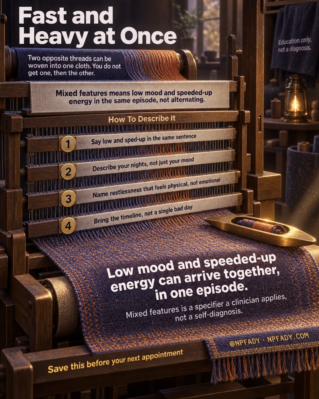 Infographic titled Fast and Heavy at Once. A wooden floor loom in warm raking light weaves a cool indigo thread and a warm ember thread into one cloth. Text at the top: Two opposite threads can be woven into one cloth. You do not get one, then the other. A banner reads: Mixed features means low mood and speeded-up energy in the same episode, not alternating. Under the heading How To Describe It, four numbered heddle bars: One, Say low and sped-up in the same sentence. Two, Describe your nights, not just your mood. Three, Name restlessness that feels physical, not emotional. Four, Bring the timeline, not a single bad day. On the finished cloth: Low mood and speeded-up energy can arrive together, in one episode. Mixed features is a specifier a clinician applies, not a self-diagnosis. Bottom text: Save this before your next appointment. Education only, not a diagnosis. @NPFADY, NPFADY.COM.