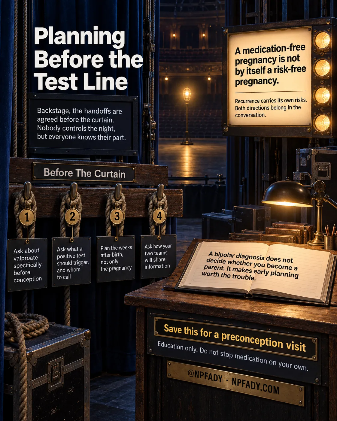 Infographic titled Planning Before the Test Line. Backstage in the wings of an old theatre, blue velvet curtains frame a dim empty stage where a single ghost light burns. A slate reads: Backstage, the handoffs are agreed before the curtain. Nobody controls the night, but everyone knows their part. A lit cue board reads: A medication-free pregnancy is not by itself a risk-free pregnancy. Recurrence carries its own risks. Both directions belong in the conversation. Under the heading Before The Curtain, four numbered rope cleats: One, Ask about valproate specifically, before conception. Two, Ask what a positive test should trigger, and whom to call. Three, Plan the weeks after birth, not only the pregnancy. Four, Ask how your two teams will share information. An open prompt book on the desk reads: A bipolar diagnosis does not decide whether you become a parent. It makes early planning worth the trouble. Bottom text: Save this for a preconception visit. Education only. Do not stop medication on your own. @NPFADY, NPFADY.COM.