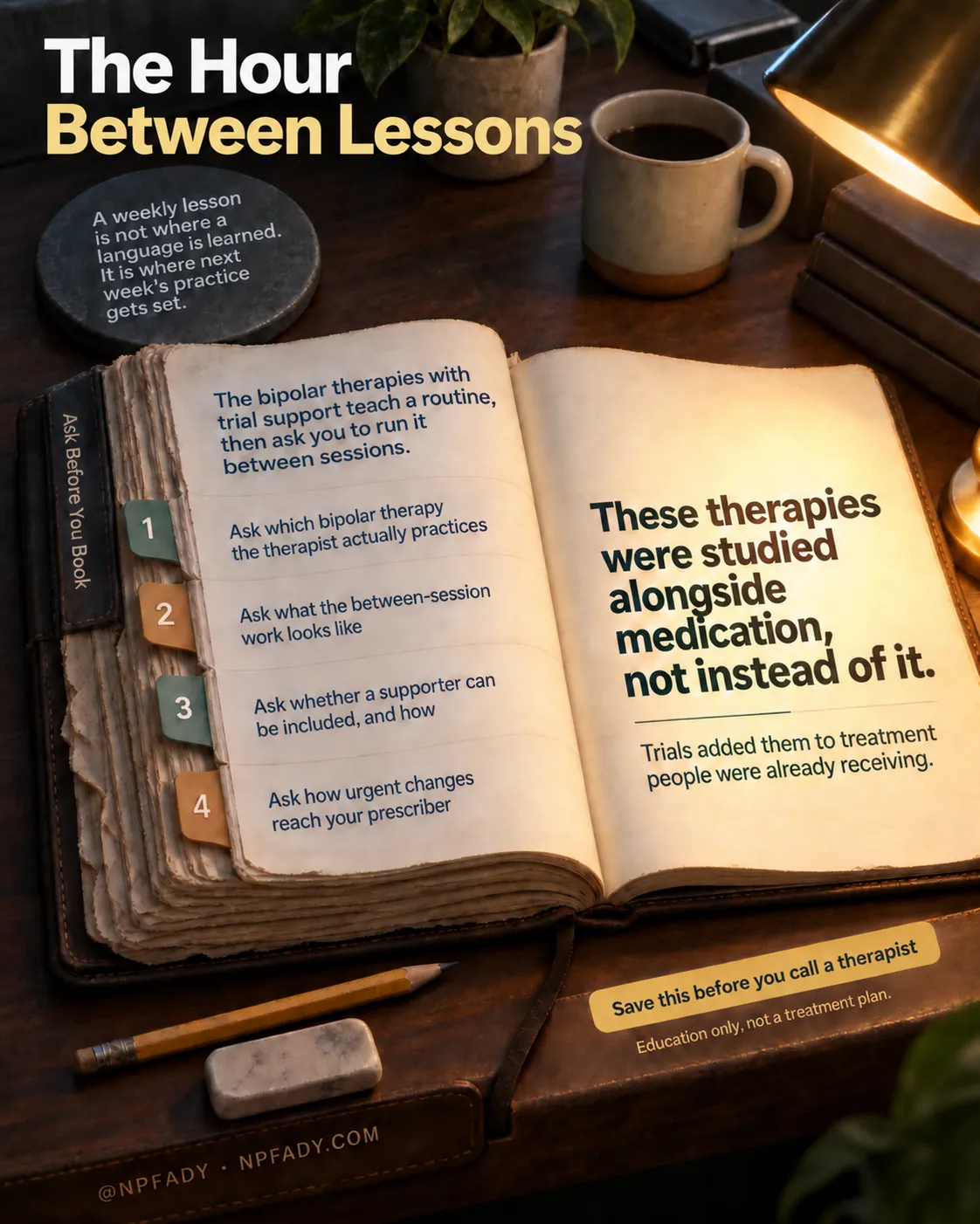 Infographic titled The Hour Between Lessons. An overhead view of a worn wooden desk with a thick notebook lying open under a warm lamp, a coffee mug, a pencil, and an eraser beside it. A slate coaster reads: A weekly lesson is not where a language is learned. It is where next week's practice gets set. The left page reads: The bipolar therapies with trial support teach a routine, then ask you to run it between sessions. Four numbered tabs under the heading Ask Before You Book: One, Ask which bipolar therapy the therapist actually practices. Two, Ask what the between-session work looks like. Three, Ask whether a supporter can be included, and how. Four, Ask how urgent changes reach your prescriber. The right page reads: These therapies were studied alongside medication, not instead of it. Trials added them to treatment people were already receiving. Bottom text: Save this before you call a therapist. Education only, not a treatment plan. @NPFADY, NPFADY.COM.