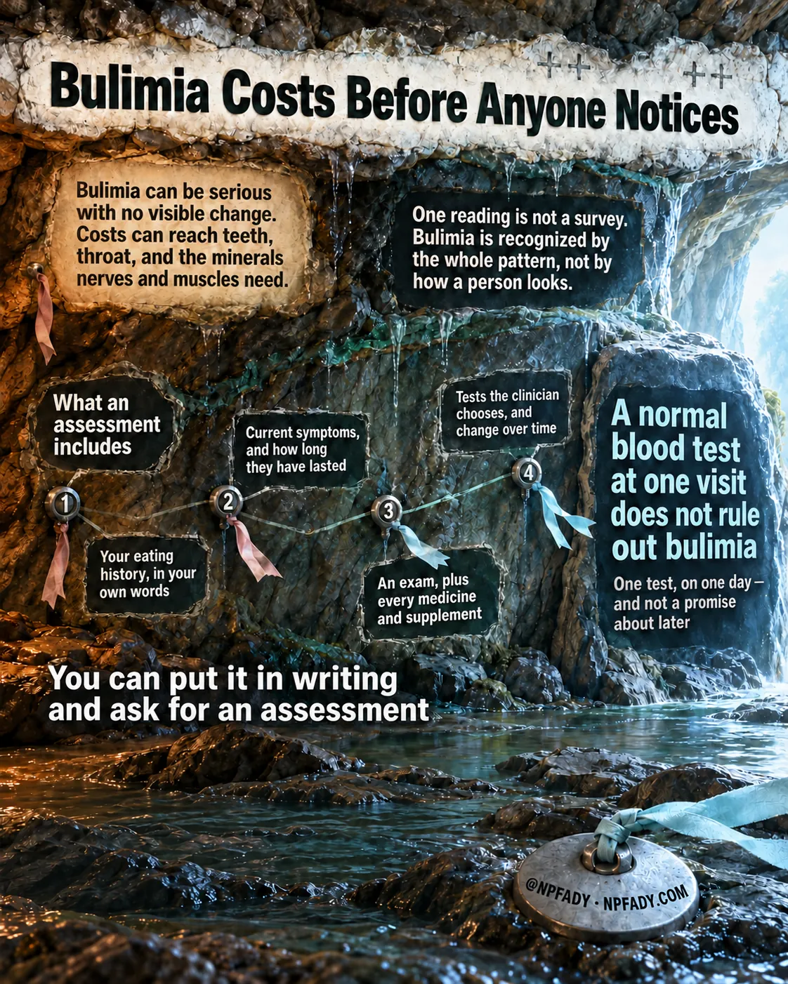 Infographic titled Bulimia Costs Before Anyone Notices, staged as a cave survey traverse leading toward daylight at a passage mouth. An opening panel reads: bulimia can be serious with no visible change, and costs can reach teeth, throat, and the minerals nerves and muscles need. A second panel reads: one reading is not a survey, and bulimia is recognized by the whole pattern, not by how a person looks. A survey line runs through four numbered survey stations under the heading What an assessment includes. One, your eating history in your own words. Two, current symptoms and how long they have lasted. Three, an exam, plus every medicine and supplement. Four, tests the clinician chooses, and change over time. A large panel at the passage mouth reads: a normal blood test at one visit does not rule out bulimia, with a smaller line adding that it is one test on one day and not a promise about later. Across the cave floor the closing line reads: you can put it in writing and ask for an assessment. A survey marker at the bottom reads at NPFADY and NPFADY.COM.