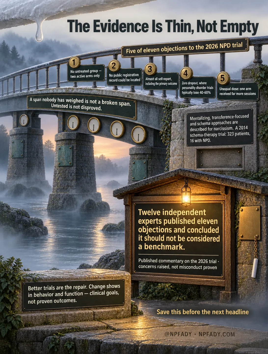 Infographic titled The Evidence Is Thin, Not Empty. The scene is a stone-and-iron arch bridge over a misty river at dawn, with five brass gauges on its span, a lit notice board in a wooden shelter, and a plaque on the abutment. A banner along the railing reads: Five of eleven objections to the 2026 NPD trial. Five numbered plates read: One, No untreated group, two active arms only. Two, No public registration record could be located. Three, Almost all self-report, including the primary outcome. Four, Zero dropout, where personality-disorder trials typically lose 40 to 60 percent. Five, Unequal dose: one arm received far more sessions. A plate on the span reads: A span nobody has weighed is not a broken span. Untested is not disproved. A plaque on the abutment reads: Mentalizing, transference-focused and schema approaches are described for narcissism. A 2014 schema-therapy trial: 323 patients, 16 with NPD. The notice board reads: Twelve independent experts published eleven objections and concluded it should not be considered a benchmark. Published commentary on the 2026 trial, concerns raised, not misconduct proven. A stone at the bottom reads: Better trials are the repair. Change shows in behavior and function, clinical goals, not proven outcomes. Closing text reads: Save this before the next headline. At NPFADY, NPFADY.COM.