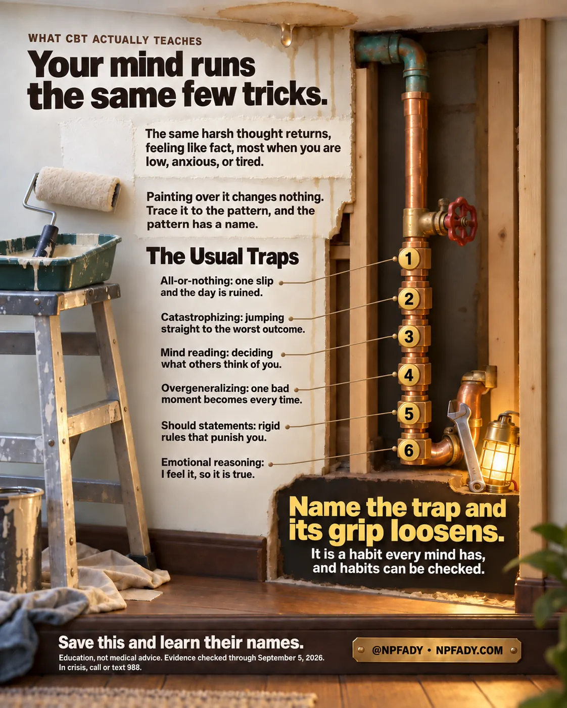 The image is one continuous photorealistic scene of a room mid-repair: a water stain spreads down a half-painted wall beside a paint roller and tray on a stepladder, and an opened section of wall reveals a copper pipe with a red valve and six numbered brass fittings, a wrench and a glowing lantern at its base. Reading top to bottom. Series label: What CBT Actually Teaches. Headline: Your mind runs the same few tricks. Context: The same harsh thought returns, feeling like fact, most when you are low, anxious, or tired. Core idea: Painting over it changes nothing. Trace it to the pattern, and the pattern has a name. Under the heading The Usual Traps, six numbered fittings on the pipe carry six items: one, all-or-nothing: one slip and the day is ruined; two, catastrophizing: jumping straight to the worst outcome; three, mind reading: deciding what others think of you; four, overgeneralizing: one bad moment becomes every time; five, should statements: rigid rules that punish you; six, emotional reasoning: I feel it, so it is true. The highlighted conclusion on a dark plate reads: Name the trap and its grip loosens. With the line: It is a habit every mind has, and habits can be checked. Closing lines: Save this and learn their names. Education, not medical advice. Evidence checked through September 5, 2026. In crisis, call or text 988. Signed @NPFADY, NPFADY.COM.