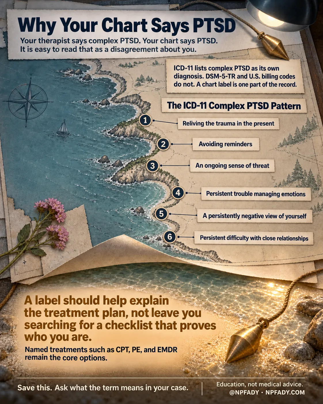 The image is one continuous cut-paper scene of a chart table on which two surveyors' charts of the same coast overlap, and whose lifted corner shows the real shore beneath. Reading top to bottom. Headline: Why Your Chart Says PTSD. Context: Your therapist says complex PTSD. Your chart says PTSD. It is easy to read that as a disagreement about you. Core idea: ICD-11 lists complex PTSD as its own diagnosis. DSM-5-TR and U.S. billing codes do not. A chart label is one part of the record. Under the heading The ICD-11 Complex PTSD Pattern, six numbered survey marks along the coastline (the first three, shared by both charts, are the PTSD pattern; the last three, drawn on one chart only, are what complex PTSD adds) carry six items: one, reliving the trauma in the present; two, avoiding reminders; three, an ongoing sense of threat; four, persistent trouble managing emotions; five, a persistently negative view of yourself; six, persistent difficulty with close relationships. The highlighted conclusion reads: A label should help explain the treatment plan, not leave you searching for a checklist that proves who you are. With the qualifier: Named treatments such as CPT, PE, and EMDR remain the core options. Closing lines: Save this. Ask what the term means in your case. Education, not medical advice. Signed @NPFADY, NPFADY.COM.