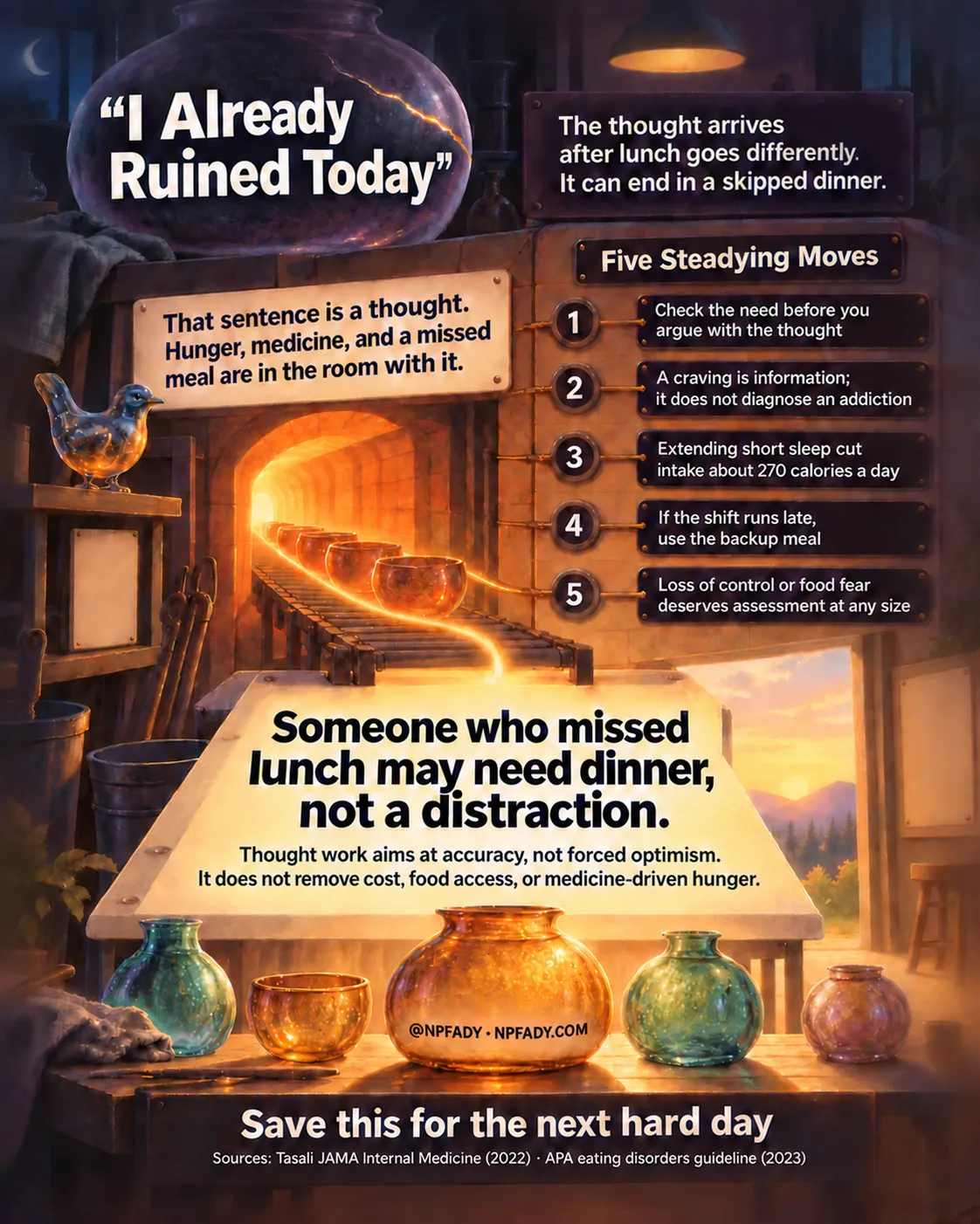 Infographic titled, in quotation marks, I Already Ruined Today. The scene is a glassblower's workshop at night: a cracked purple jar with a gold seam at the top, a small glass bird on a shelf, a conveyor of glowing amber bowls emerging from a kiln tunnel, a slab worktable, a row of colored glass jars, and a window open to a sunset. A plate at the top right reads: The thought arrives after lunch goes differently. It can end in a skipped dinner. A tilted sign reads: That sentence is a thought. Hunger, medicine, and a missed meal are in the room with it. A panel headed Five Steadying Moves lists five numbered plates. One: Check the need before you argue with the thought. Two: A craving is information; it does not diagnose an addiction. Three: Extending short sleep cut intake about 270 calories a day. Four: If the shift runs late, use the backup meal. Five: Loss of control or food fear deserves assessment at any size. The slab table reads: Someone who missed lunch may need dinner, not a distraction. Thought work aims at accuracy, not forced optimism. It does not remove cost, food access, or medicine-driven hunger. The large amber jar is marked @NPFADY, NPFADY.COM. Text at the bottom reads: Save this for the next hard day. Sources: Tasali, JAMA Internal Medicine 2022, and APA eating disorders guideline, 2023.