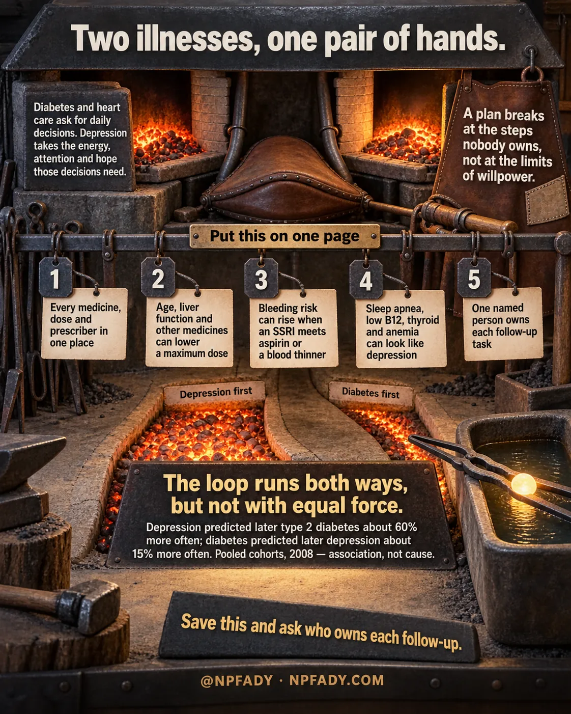 Infographic titled Two illnesses, one pair of hands. The scene is a blacksmith's forge with two beds of glowing coals, a leather bellows, a leather apron, an anvil and hammer, and tongs holding a glowing ember over a water trough. A slate on the left reads: Diabetes and heart care ask for daily decisions. Depression takes the energy, attention and hope those decisions need. The apron reads: A plan breaks at the steps nobody owns, not at the limits of willpower. A brass plate headed Put this on one page labels five numbered tags hanging from the rail. One: Every medicine, dose and prescriber in one place. Two: Age, liver function and other medicines can lower a maximum dose. Three: Bleeding risk can rise when an SSRI meets aspirin or a blood thinner. Four: Sleep apnea, low B12, thyroid and anemia can look like depression. Five: One named person owns each follow-up task. The two coal beds are labeled Depression first and Diabetes first. An iron plate reads: The loop runs both ways, but not with equal force. Depression predicted later type 2 diabetes about 60% more often; diabetes predicted later depression about 15% more often. Pooled cohorts, 2008, association, not cause. A stone at the bottom reads: Save this and ask who owns each follow-up. @NPFADY, NPFADY.COM.