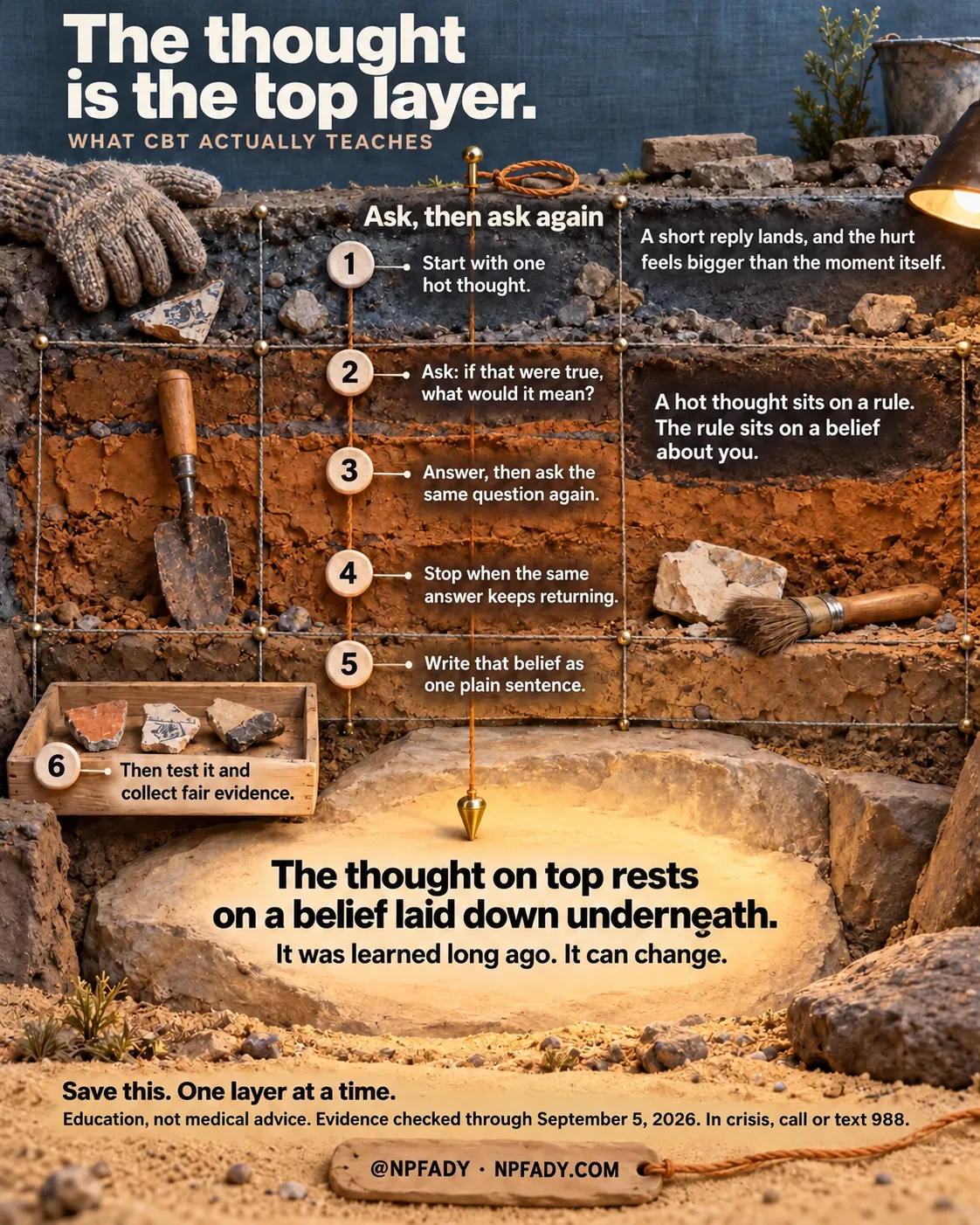 The image is one continuous photorealistic scene of an archaeological dig: a string grid with brass pins crosses layered soil from dark topsoil through rust and clay to pale bedrock, with a glove, trowel, brush, a finds tray of pottery shards and a plumb line dropping to a lit stone floor. Reading top to bottom. Headline: The thought is the top layer. Series label: What CBT Actually Teaches. Context: A short reply lands, and the hurt feels bigger than the moment itself. Core idea: A hot thought sits on a rule. The rule sits on a belief about you. Under the heading Ask, then ask again, six numbered tags down the layers and on the finds tray carry six items: one, start with one hot thought; two, ask: if that were true, what would it mean?; three, answer, then ask the same question again; four, stop when the same answer keeps returning; five, write that belief as one plain sentence; six, then test it and collect fair evidence. The highlighted conclusion on the bedrock reads: The thought on top rests on a belief laid down underneath. With the line: It was learned long ago. It can change. Closing lines: Save this. One layer at a time. Education, not medical advice. Evidence checked through September 5, 2026. In crisis, call or text 988. Signed @NPFADY, NPFADY.COM.