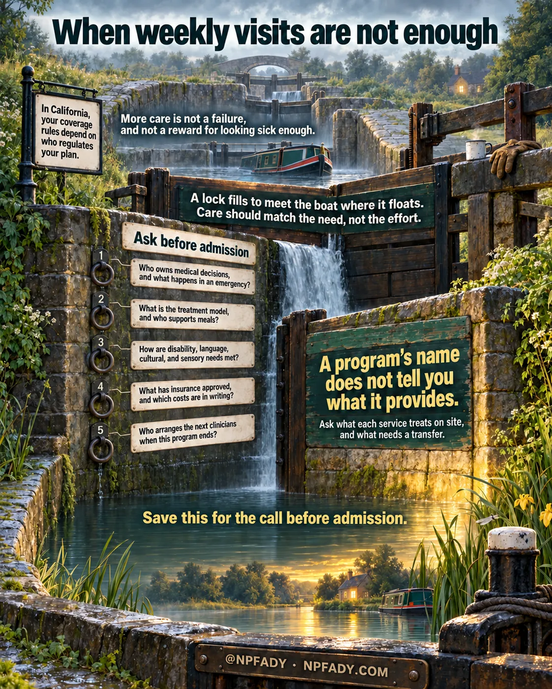 Infographic titled When weekly visits are not enough, staged at a flight of canal locks with a narrowboat waiting in the upper chamber. A hanging sign reads: in California, your coverage rules depend on who regulates your plan. A line above the gates reads: more care is not a failure, and not a reward for looking sick enough. A panel on the lock gate carries the comparison: a lock fills to meet the boat where it floats, and care should match the need, not the effort. Under the heading Ask before admission, five numbered mooring rings each carry a question. One, who owns medical decisions, and what happens in an emergency. Two, what is the treatment model, and who supports meals. Three, how are disability, language, cultural, and sensory needs met. Four, what has insurance approved, and which costs are in writing. Five, who arranges the next clinicians when this program ends. A large board on the lock wall reads: a program's name does not tell you what it provides, with a line adding to ask what each service treats on site and what needs a transfer. Below, the closing line reads: save this for the call before admission. A bollard plate at the bottom reads at NPFADY and NPFADY.COM.