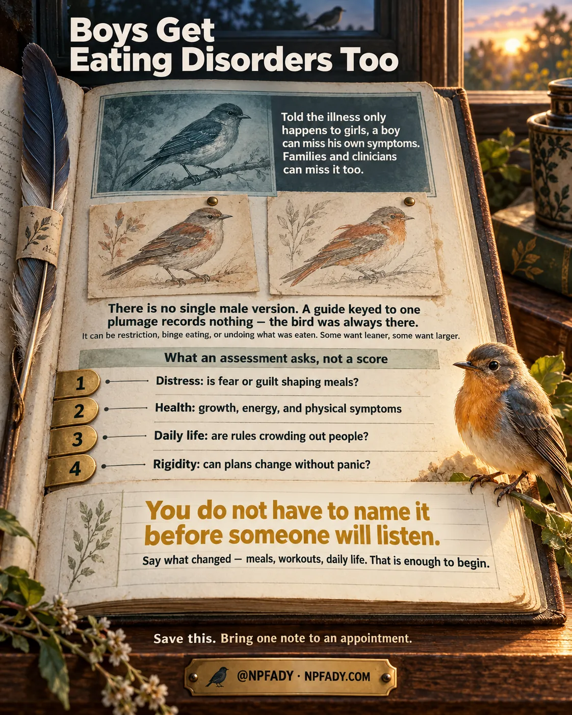 Infographic titled Boys Get Eating Disorders Too, staged as an open naturalist's field guide on a windowsill at sunset, with a quill beside it and a robin perched on the page. A plate above a grey study bird reads: told the illness only happens to girls, a boy can miss his own symptoms, and families and clinicians can miss it too. Two further plates show the same bird in different plumage. A line beneath reads: there is no single male version, and a guide keyed to one plumage records nothing, because the bird was always there. A smaller line adds that it can be restriction, binge eating, or undoing what was eaten, and that some want leaner and some want larger. Under the heading What an assessment asks, not a score, four numbered tabs each carry an item. One, distress, meaning is fear or guilt shaping meals. Two, health, meaning growth, energy, and physical symptoms. Three, daily life, meaning are rules crowding out people. Four, rigidity, meaning can plans change without panic. A large line reads: you do not have to name it before someone will listen, with a smaller line adding to say what changed, meaning meals, workouts, daily life, and that this is enough to begin. A closing line reads: save this, bring one note to an appointment. A brass plate at the bottom reads at NPFADY and NPFADY.COM.