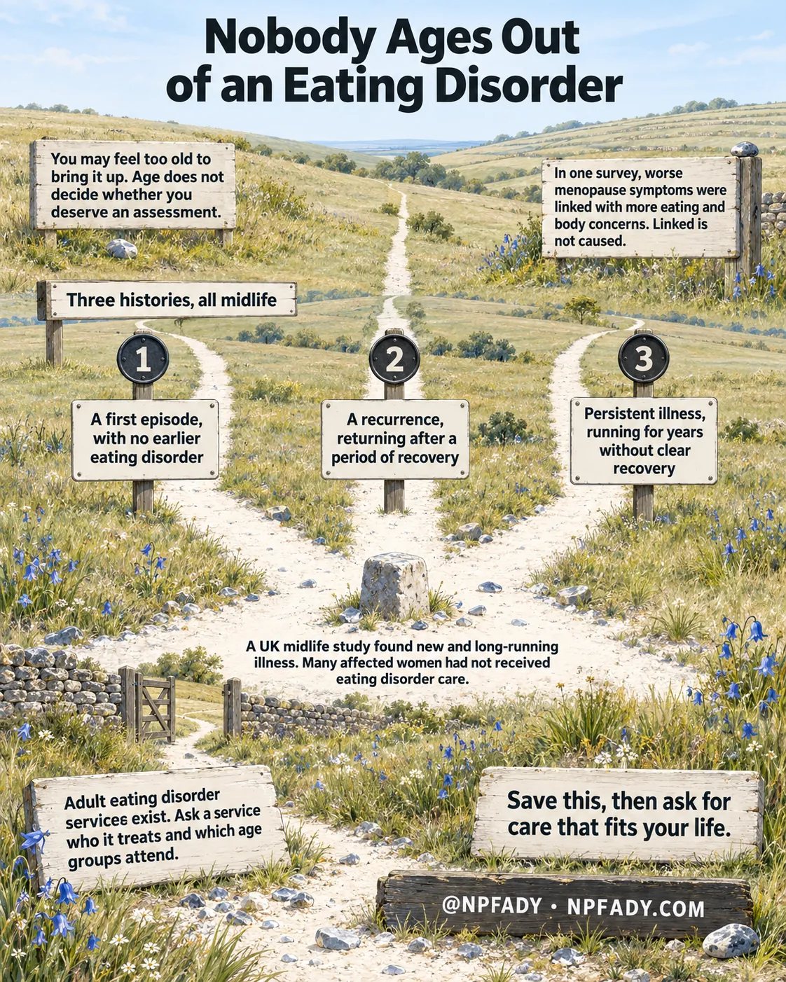 Infographic titled Nobody Ages Out of an Eating Disorder, drawn as three chalk downland paths meeting at a single waymark stone under an open sky. A sign on the left reads: you may feel too old to bring it up, and age does not decide whether you deserve an assessment. A sign on the right reads: in one survey, worse menopause symptoms were linked with more eating and body concerns, and linked is not caused. Under the heading Three histories, all midlife, three numbered waymarks each name one path. One, a first episode, with no earlier eating disorder. Two, a recurrence, returning after a period of recovery. Three, persistent illness, running for years without clear recovery. At the meeting stone a line reads: a UK midlife study found new and long-running illness, and many affected women had not received eating disorder care. A sign at the lower left reads: adult eating disorder services exist, ask a service who it treats and which age groups attend. A sign at the lower right reads: save this, then ask for care that fits your life. A log at the bottom reads at NPFADY and NPFADY.COM.