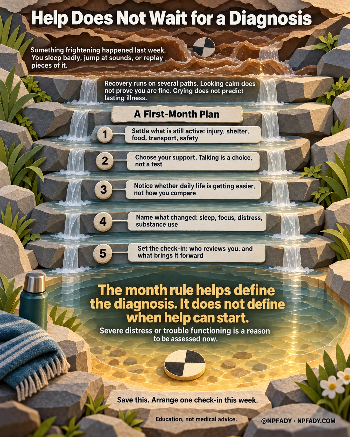 The image is one continuous cut-paper scene of a stone settling pond in which muddy water clears stage by stage. Reading top to bottom. Headline: Help Does Not Wait for a Diagnosis. Context: Something frightening happened last week. You sleep badly, jump at sounds, or replay pieces of it. Core idea: Recovery runs on several paths. Looking calm does not prove you are fine. Crying does not predict lasting illness. Under the heading A First-Month Plan, five numbered stone baffles carry five items: one, settle what is still active: injury, shelter, food, transport, safety; two, choose your support. Talking is a choice, not a test; three, notice whether daily life is getting easier, not how you compare; four, name what changed: sleep, focus, distress, substance use; five, set the check-in: who reviews you, and what brings it forward. The highlighted conclusion reads: The month rule helps define the diagnosis. It does not define when help can start. With the qualifier: Severe distress or trouble functioning is a reason to be assessed now. Closing lines: Save this. Arrange one check-in this week. Education, not medical advice. Signed @NPFADY, NPFADY.COM.