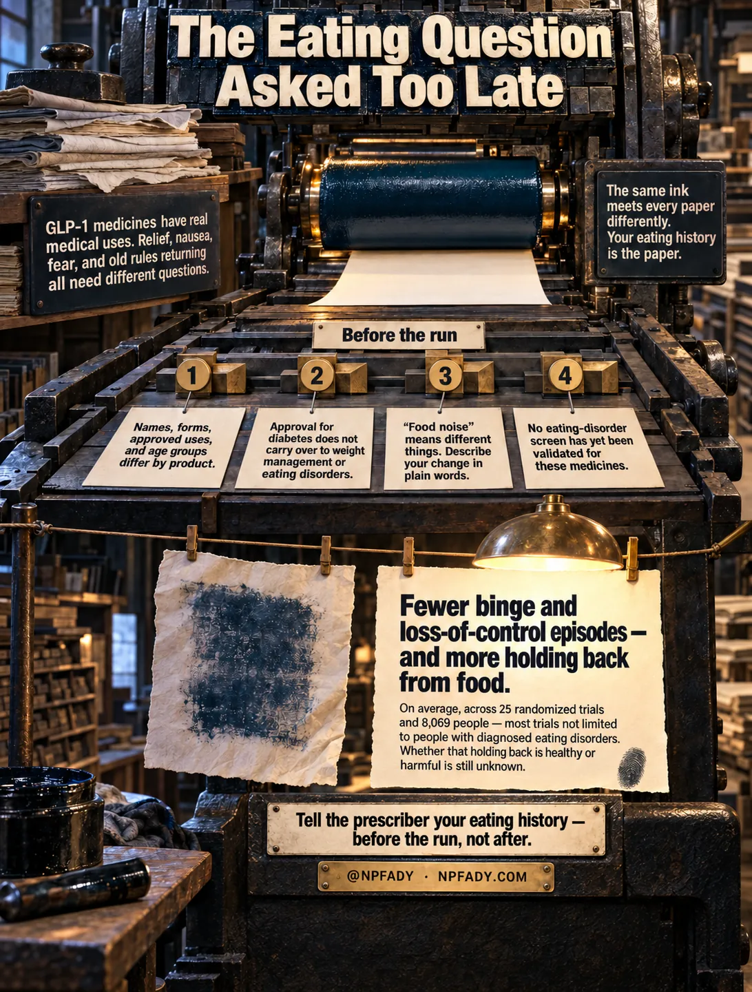 Infographic titled The Eating Question Asked Too Late, staged at a letterpress in a print shop, with paper feeding through the press. A plate on the left reads: GLP-1 medicines have real medical uses, and relief, nausea, fear, and old rules returning all need different questions. A plate on the right carries the comparison: the same ink meets every paper differently, and your eating history is the paper. Under the heading Before the run, four numbered type blocks carry four points. One, names, forms, approved uses, and age groups differ by product. Two, approval for diabetes does not carry over to weight management or eating disorders. Three, food noise means different things, so describe your change in plain words. Four, no eating disorder screen has yet been validated for these medicines. A printed sheet hanging on a line reads: fewer binge and loss-of-control episodes, and more holding back from food. Its smaller text explains that this is an average across 25 randomized trials and 8,069 people, that most trials were not limited to people with diagnosed eating disorders, and that whether that holding back is healthy or harmful is still unknown. A plate at the base reads: tell the prescriber your eating history, before the run, not after. The footer reads at NPFADY and NPFADY.COM.